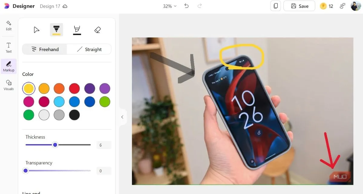Công cụ Markup trong Microsoft Designer giúp chú thích ảnh và ảnh chụp màn hình với nhiều lựa chọn nét vẽ và màu sắc