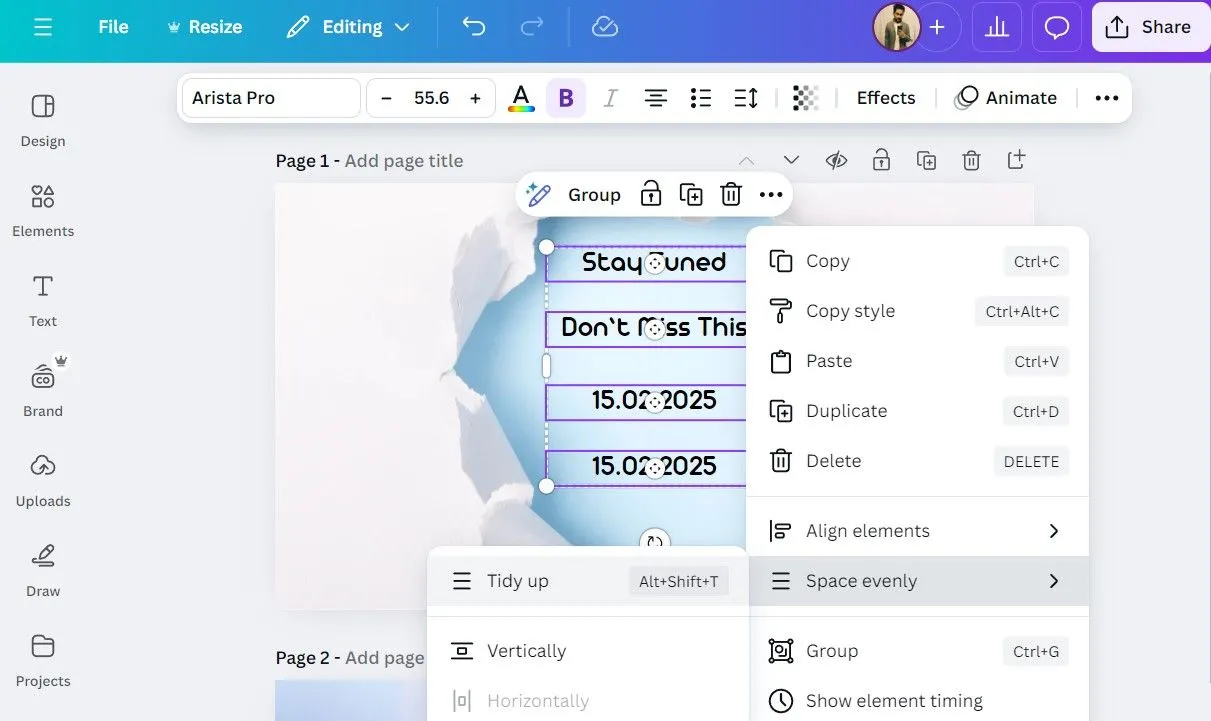 Công cụ Tidy Up (Sắp xếp gọn gàng) trong Canva trên máy tính