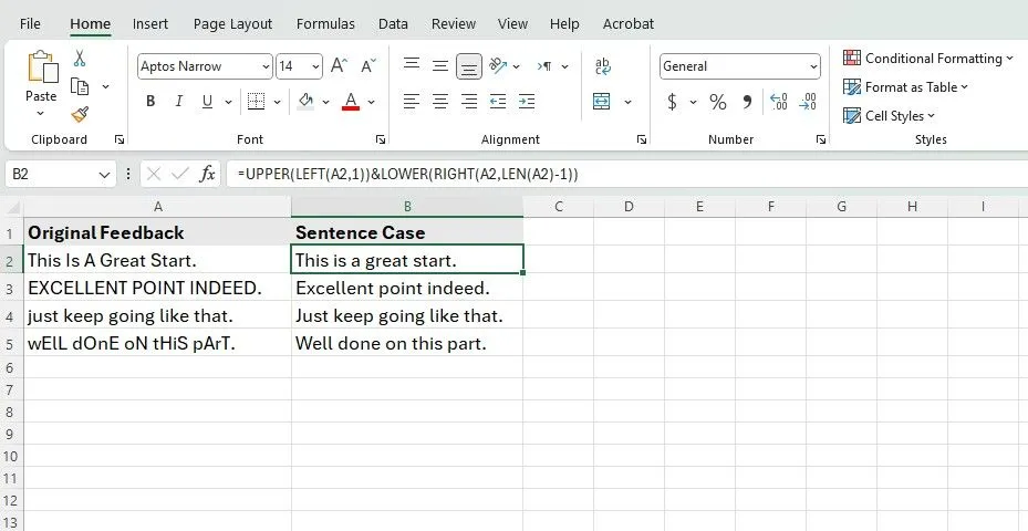 Công thức phức tạp để chuyển đổi chữ sang dạng câu trong Excel