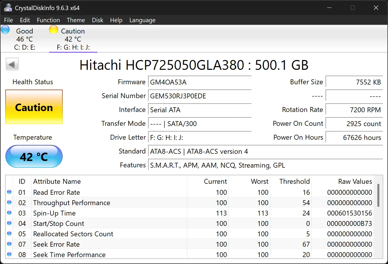 CrystalDiskInfo hiển thị tình trạng ổ đĩa HDD ở mức cảnh báo