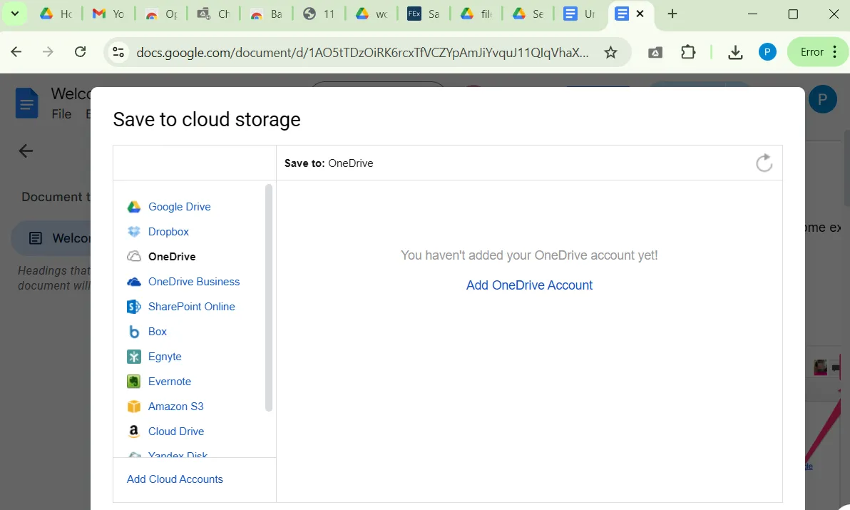 Cửa sổ bật lên để lưu tài liệu Google Docs vào các dịch vụ lưu trữ đám mây khác trong Chrome