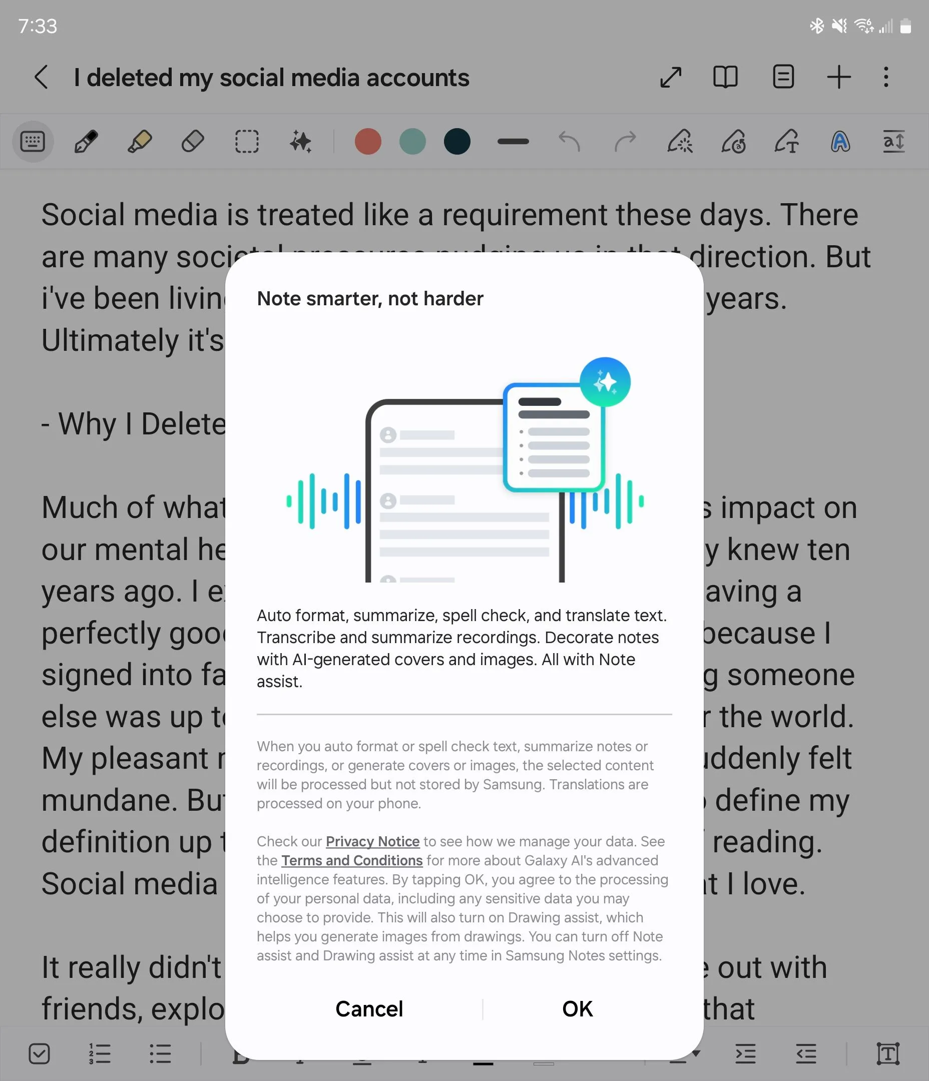Cửa sổ bật lên giới thiệu tính năng Trợ lý Ghi chú (Note Assist) trong ứng dụng Samsung Notes của Galaxy AI.