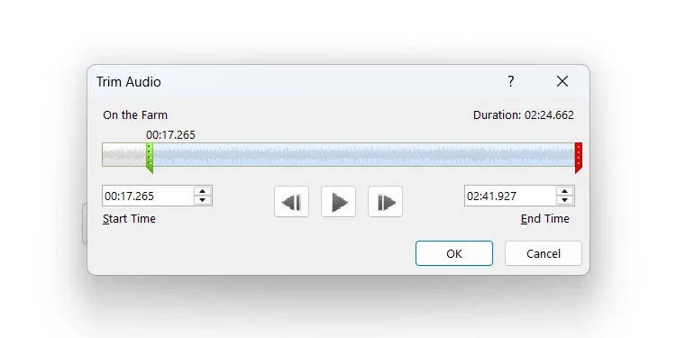 Cửa sổ cắt âm thanh trong PowerPoint, cho phép điều chỉnh độ dài file nhạc bằng thanh trượt.