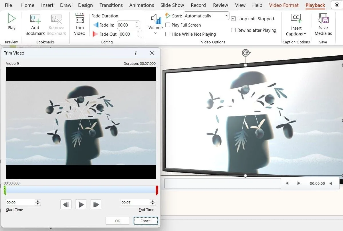 Cửa sổ cắt video trong bài thuyết trình PowerPoint
