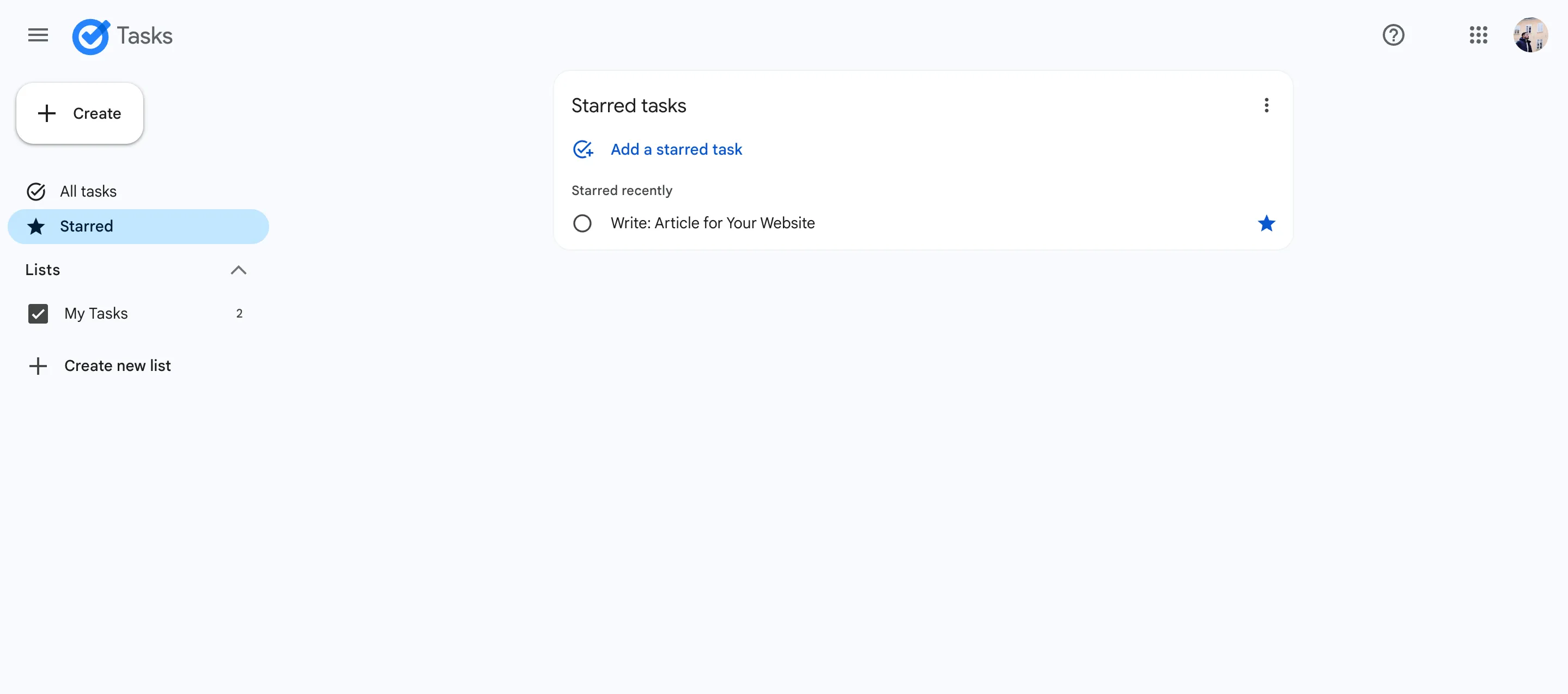 Danh sách các công việc được đánh dấu sao trong ứng dụng Google Tasks trên điện thoại