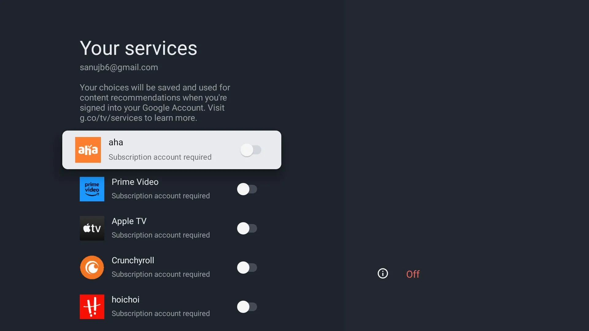 Danh sách các dịch vụ phát trực tuyến được hiển thị trên Google TV