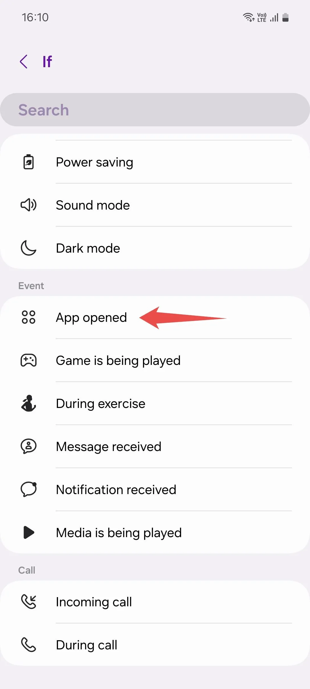 Danh sách các điều kiện kích hoạt để tạo quy trình mới trên Samsung