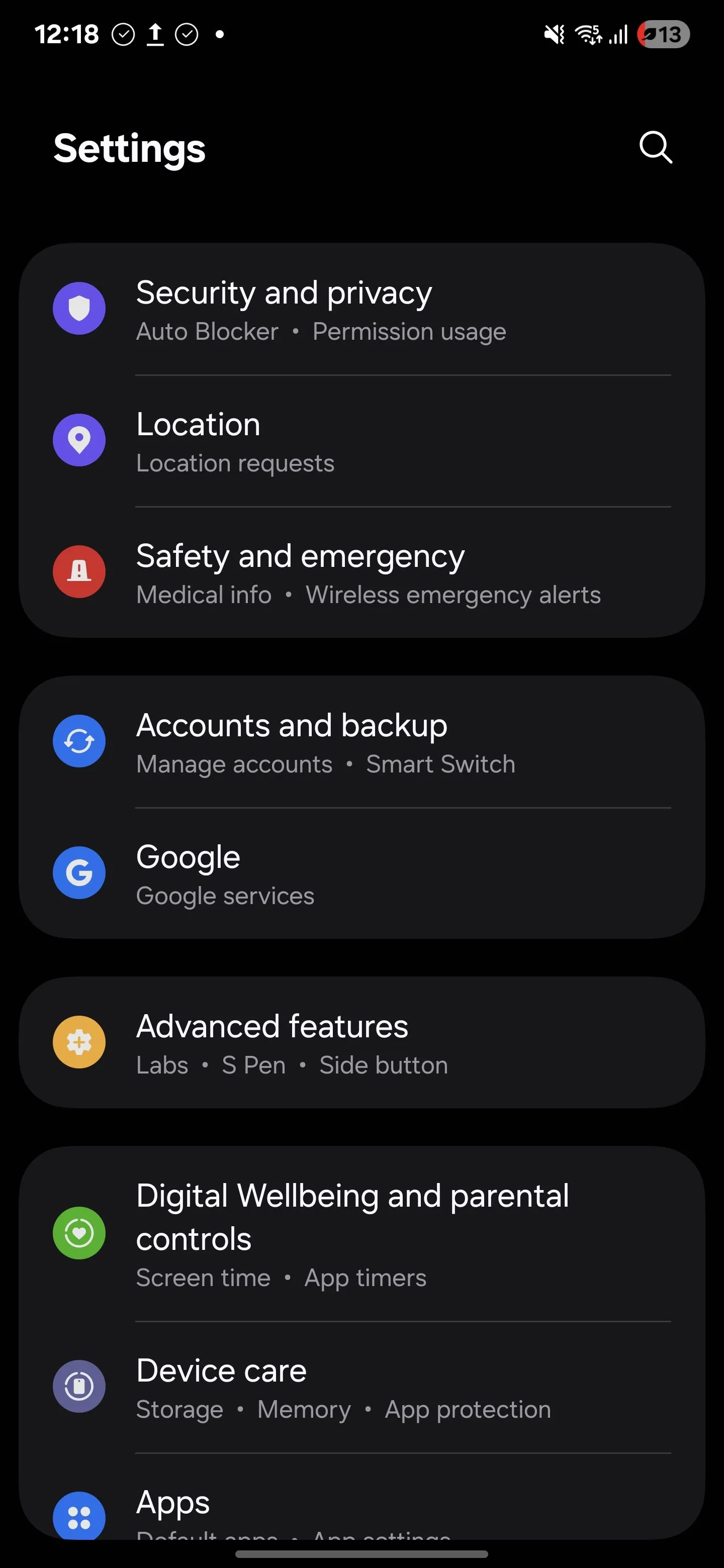 Danh sách các mục trong menu Cài đặt Samsung