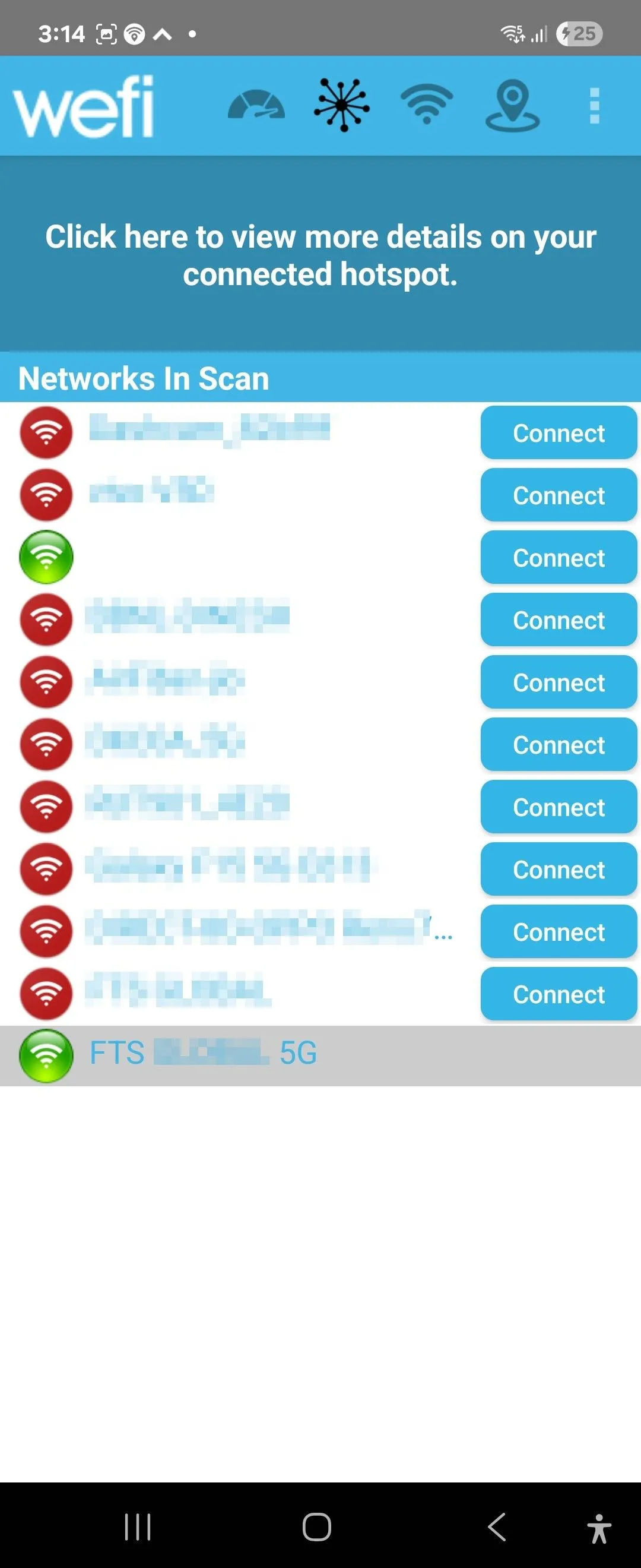 Danh sách hotspot Wi-Fi của ứng dụng WeFi trên Android