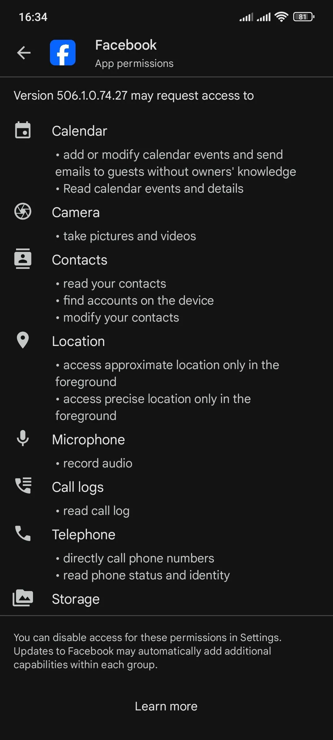 Danh sách quyền yêu cầu bởi ứng dụng Facebook trên Google Play Store