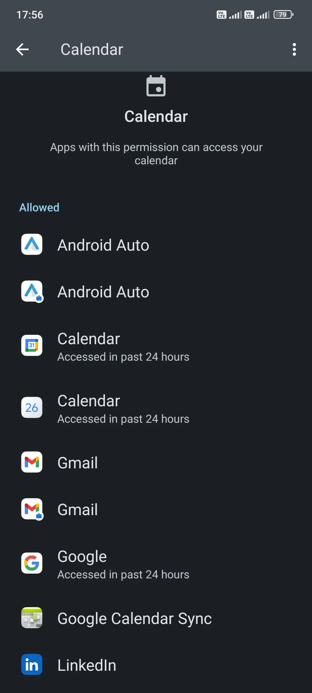 Danh sách ứng dụng có thể truy cập lịch trên Android