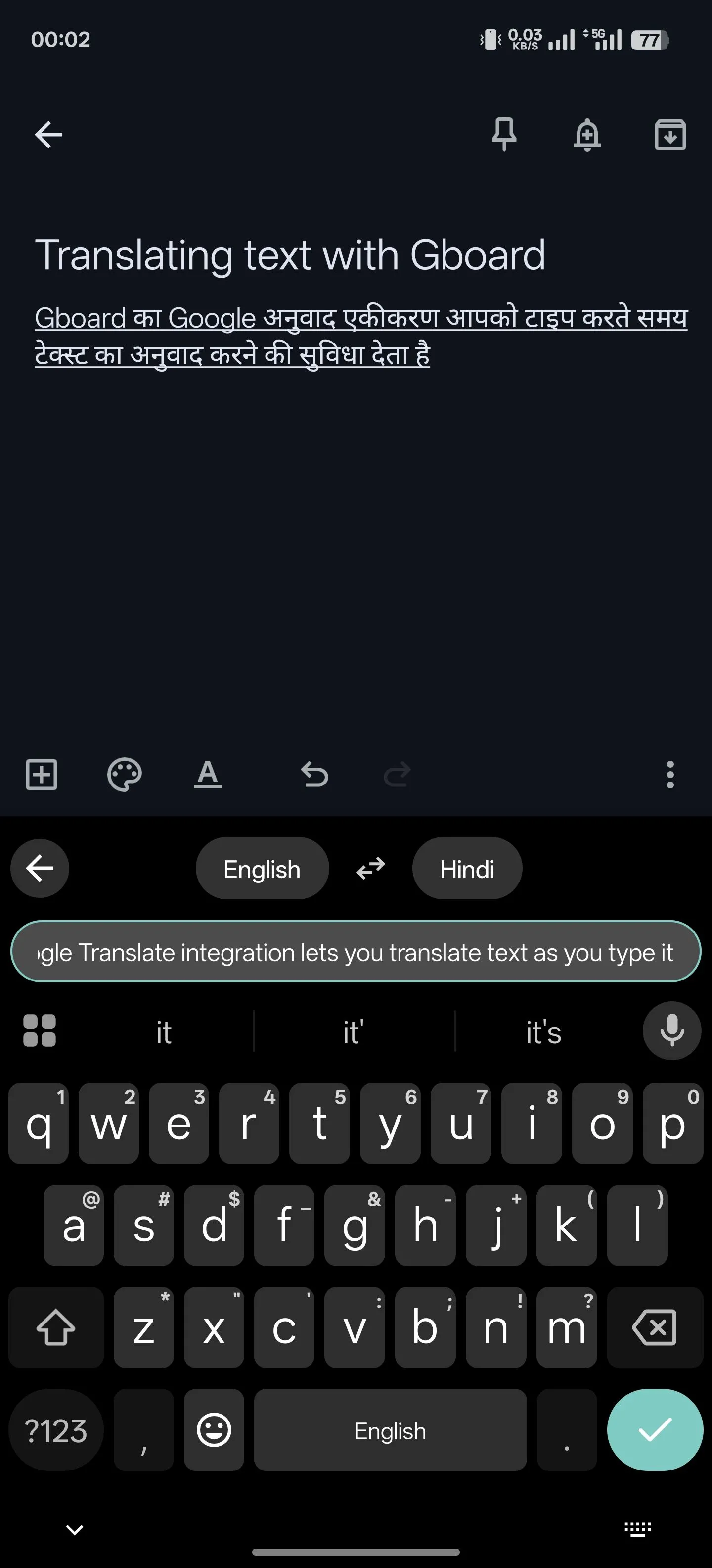 Dịch văn bản trực tiếp khi đang gõ bằng tính năng dịch của Gboard