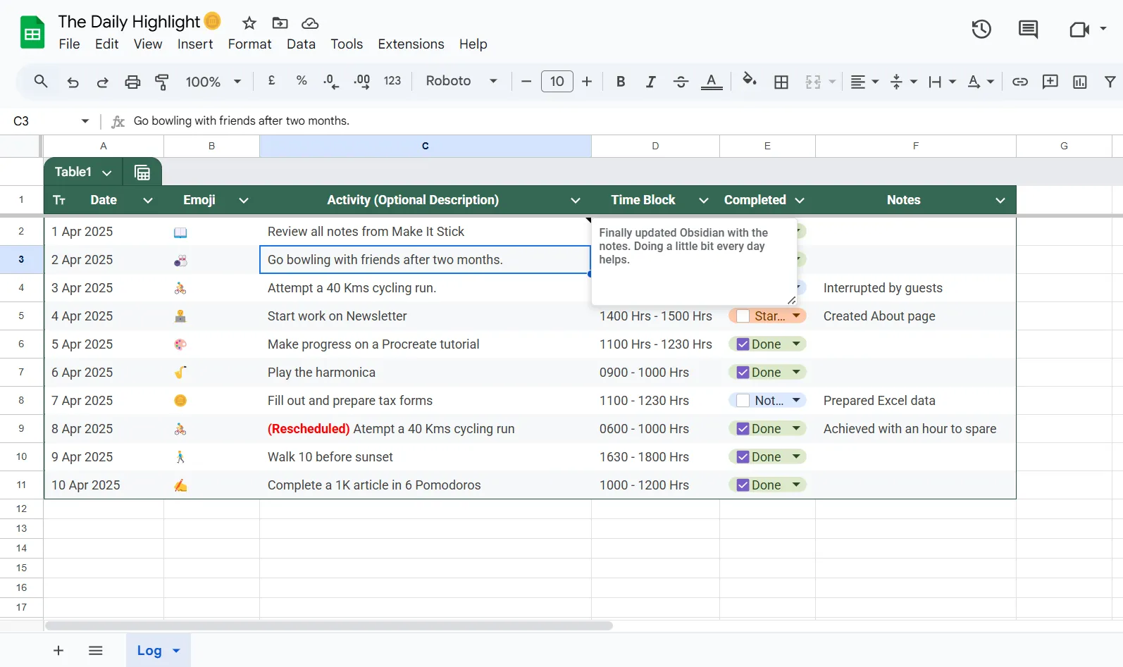 Điểm nhấn hàng ngày được ghi chú trong Google Sheets