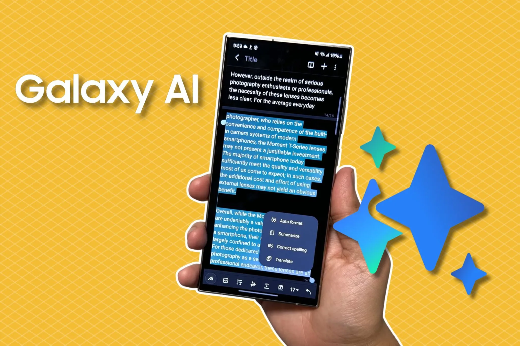 Điện thoại Samsung Galaxy S24 Ultra hiển thị biểu tượng Galaxy AI trên nền màu vàng, minh họa các tính năng trí tuệ nhân tạo đột phá