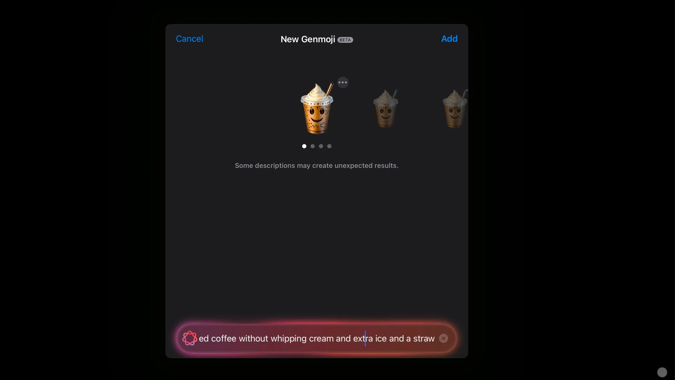 Emoji cà phê đá có thêm mặt cười trên cốc, một ví dụ về việc Genmoji tự động thêm các chi tiết ngẫu nhiên.