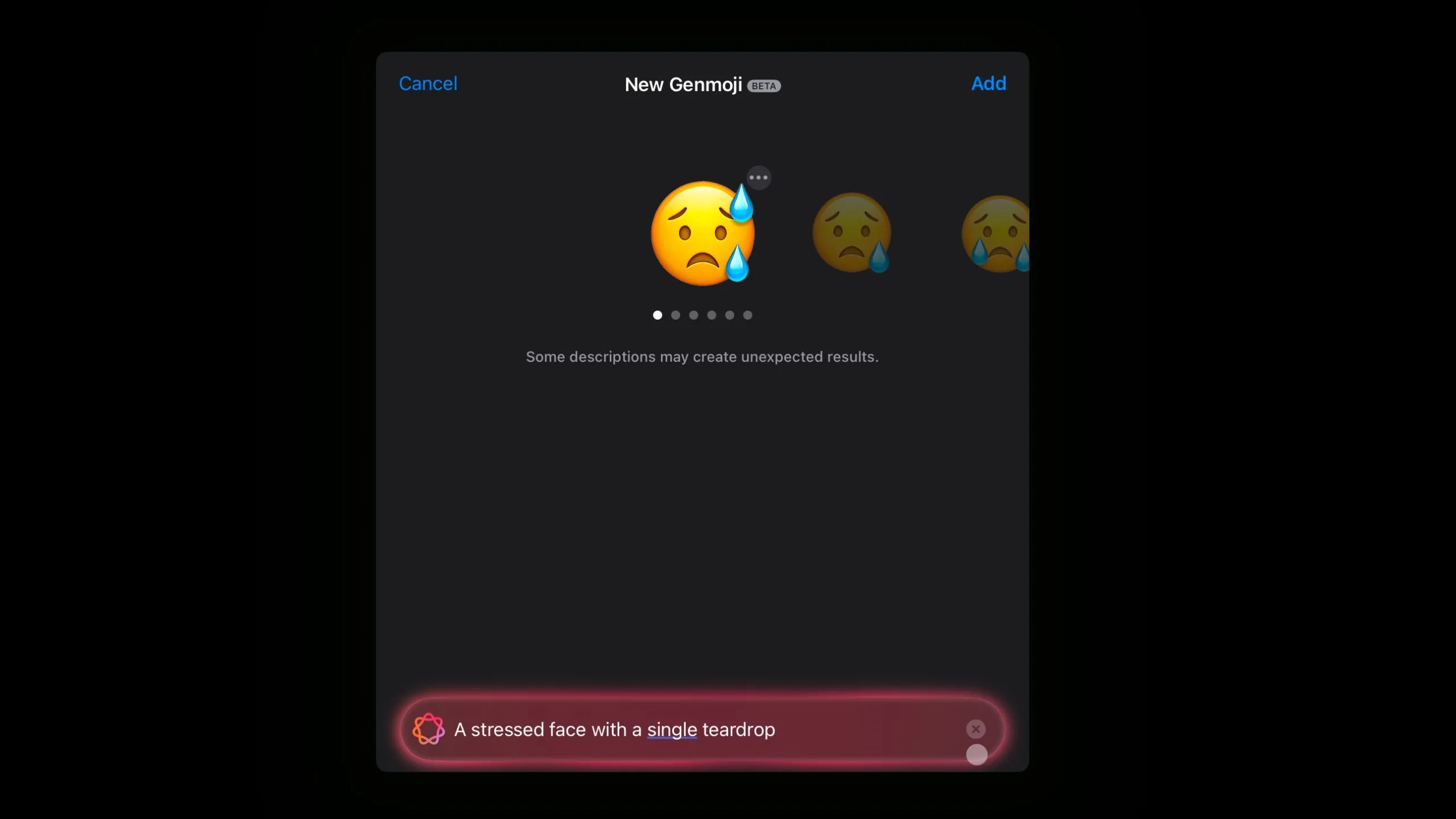 Emoji mặt căng thẳng với hai giọt nước mắt, dù yêu cầu một giọt, cho thấy Genmoji thêm chi tiết không mong muốn.