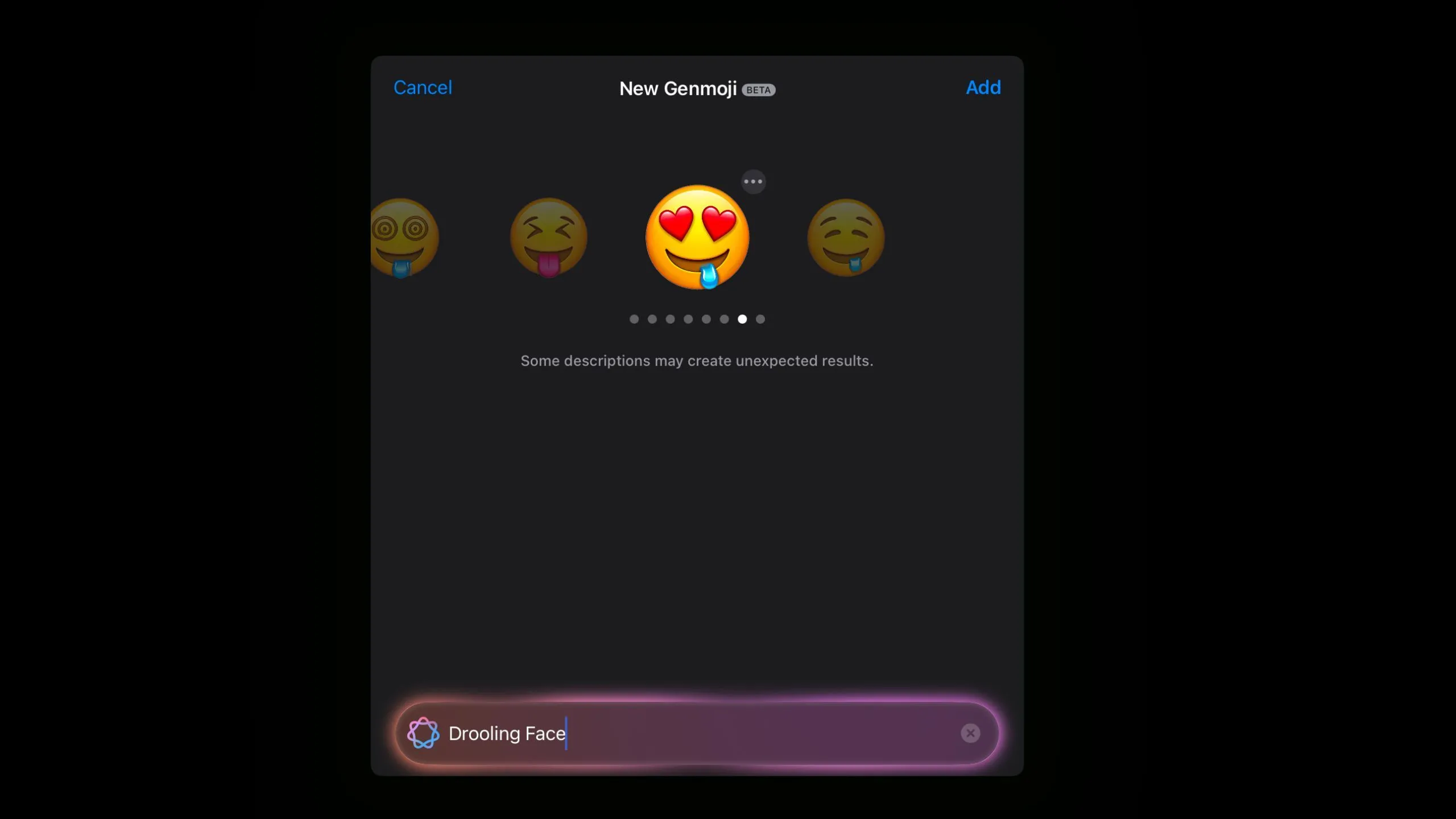 Emoji mặt chảy dãi với mắt trái tim được Genmoji thêm vào, minh họa việc AI đôi khi tạo chi tiết không yêu cầu.