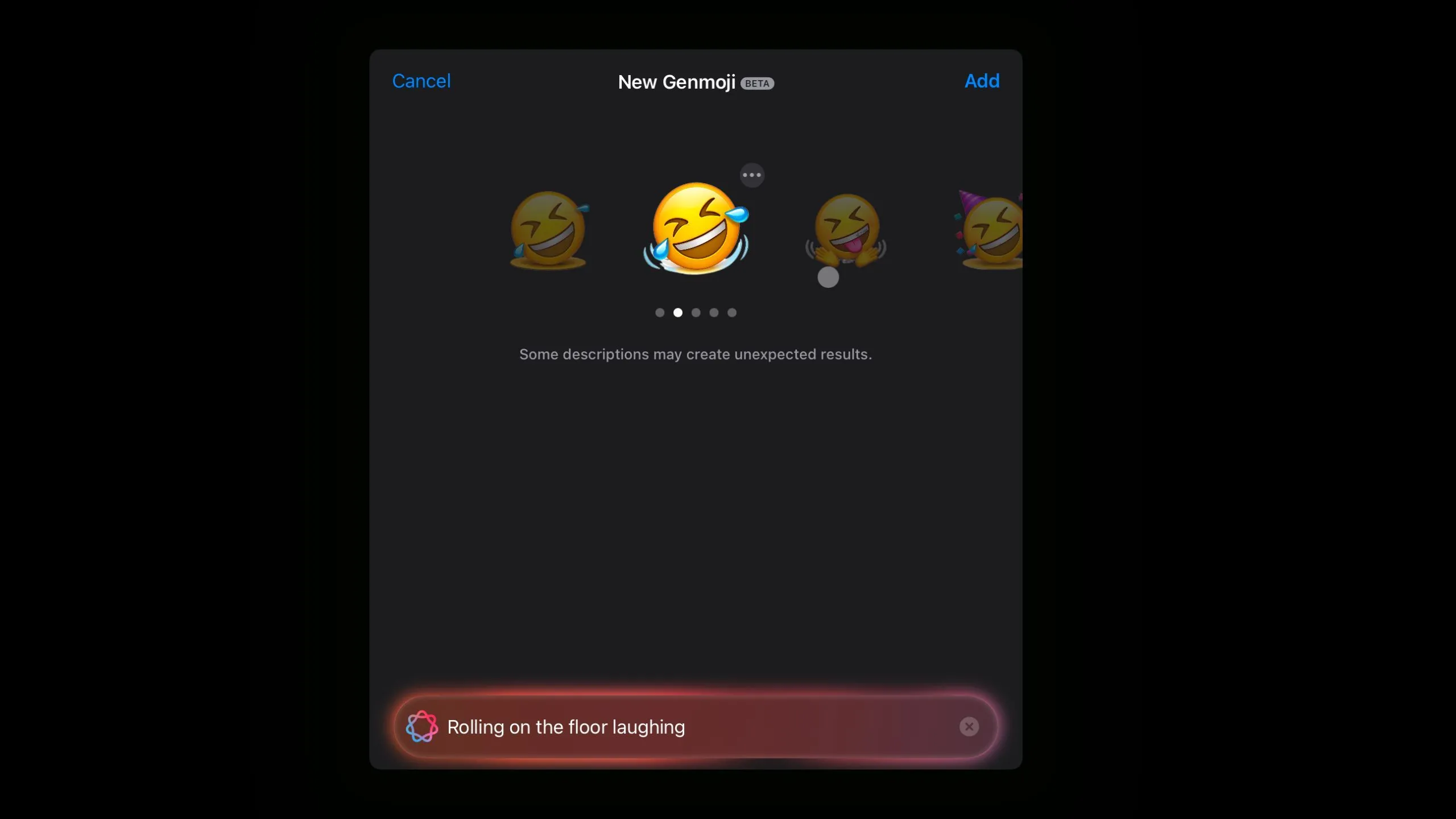 Emoji mặt cười lăn lộn được Genmoji tạo ra, với phong cách màu sắc và đổ bóng khác biệt so với emoji Apple truyền thống.
