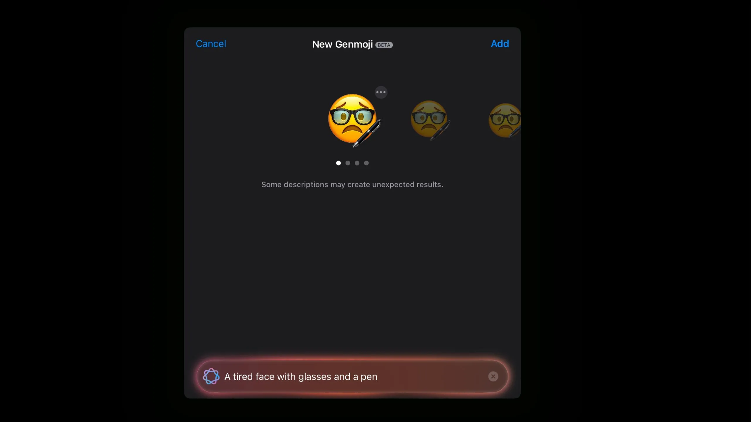 Emoji mặt mệt mỏi đeo kính và cầm bút, một ví dụ về kết quả của Genmoji, không hoàn toàn giống phong cách Apple.
