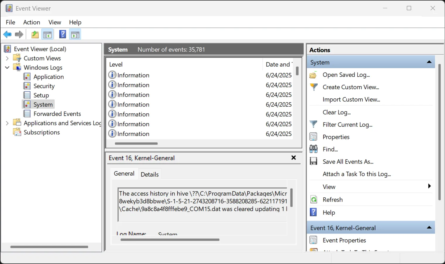 Event Viewer của Windows hiển thị thuộc tính S.M.A.R.T. của ổ đĩa trong nhật ký hệ thống.