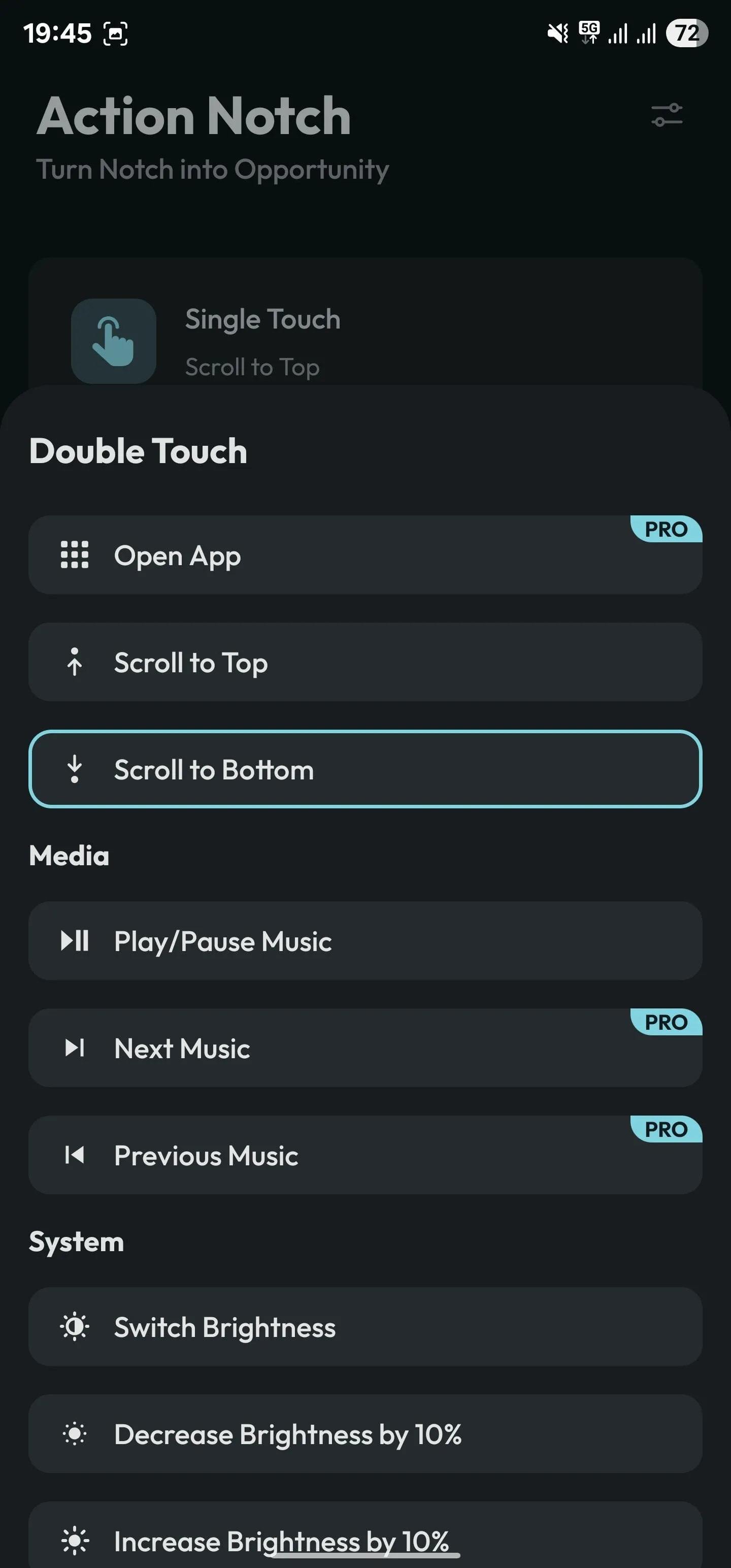 Gán cử chỉ Chạm đôi (Double Touch) cho hành động Cuộn xuống cuối trang (Scroll to Bottom) trong Action Notch.