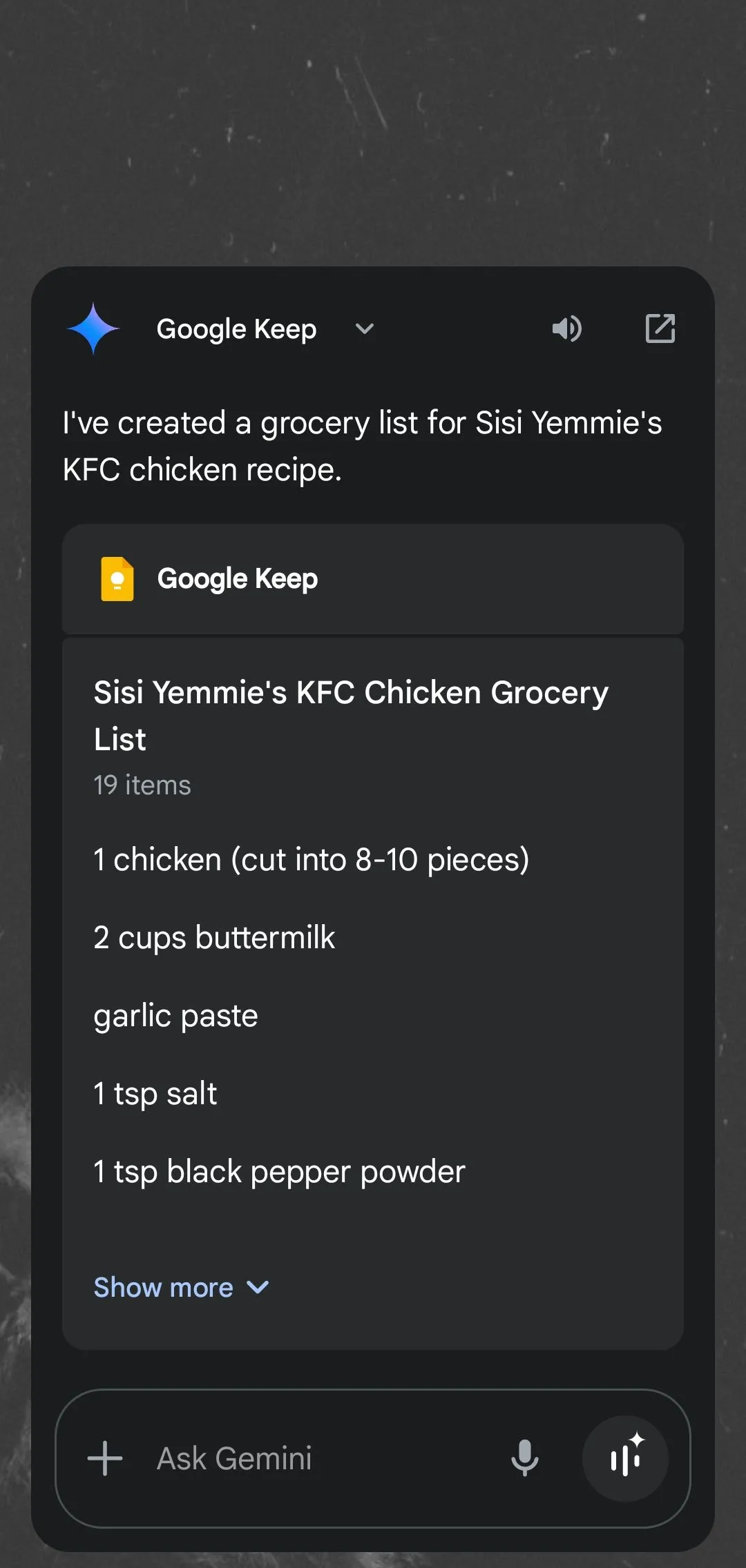 Gemini hiển thị danh sách mua sắm trên Google Keep