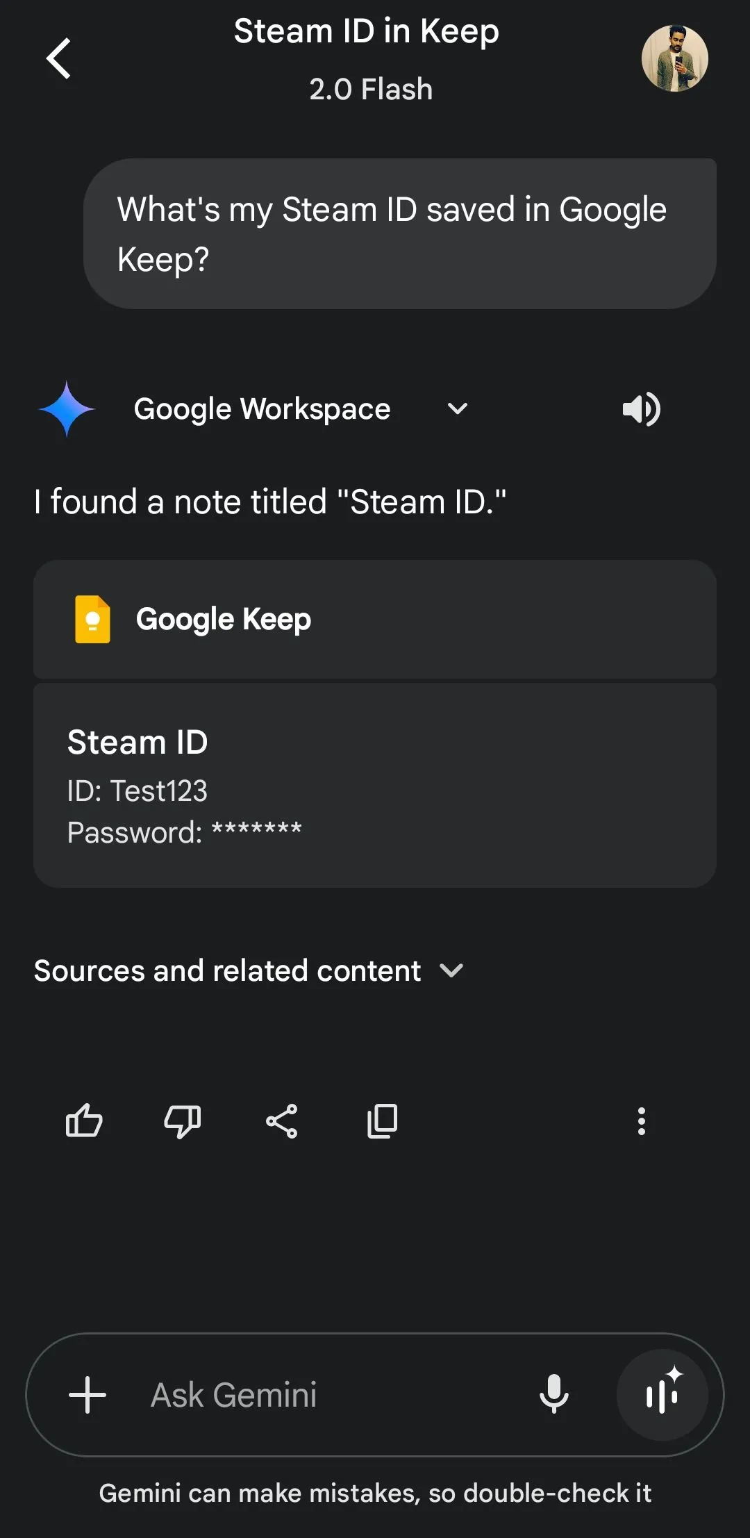 Gemini truy xuất thông tin từ ghi chú trong Google Keep