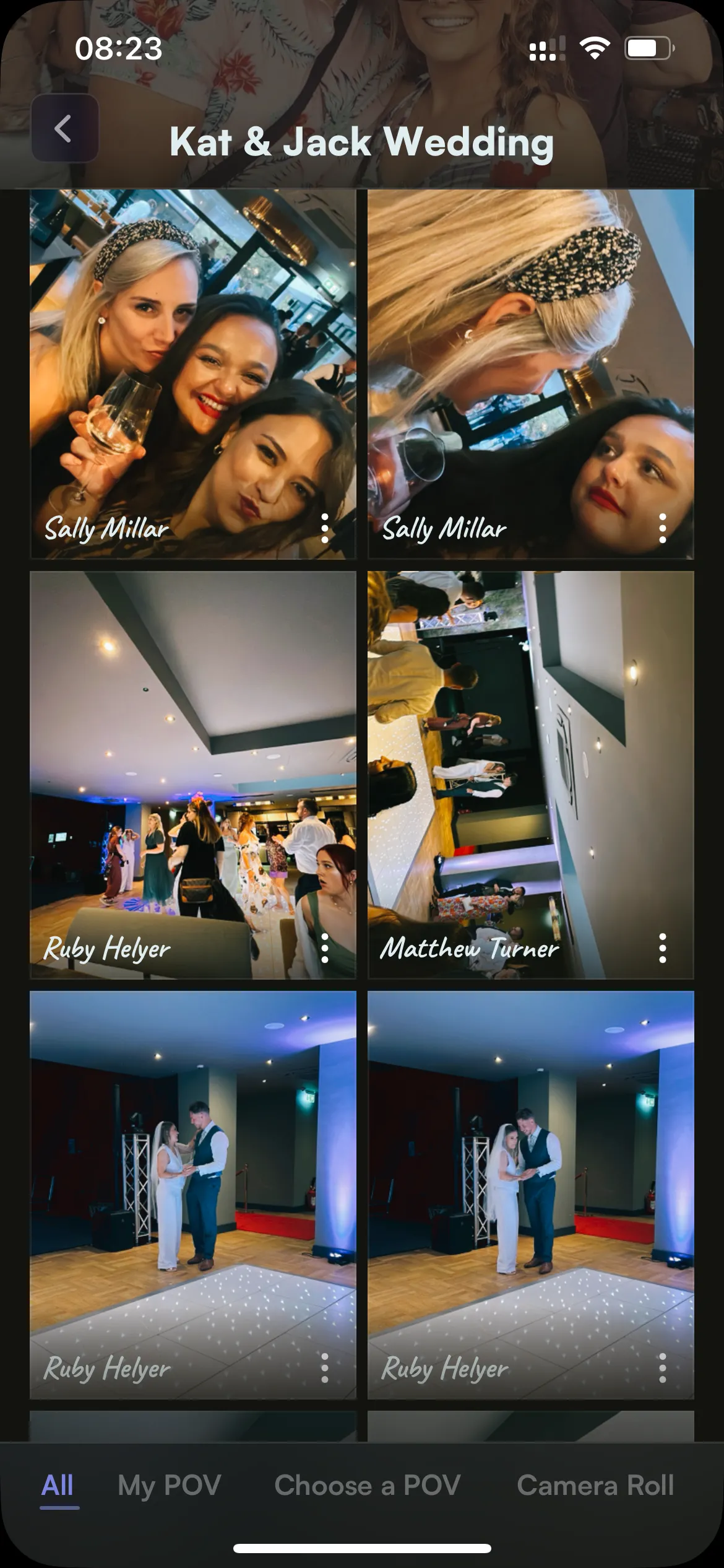 Giao diện album ảnh cưới được tạo từ POV Camera, tập hợp các bức ảnh từ nhiều góc nhìn khác nhau của khách mời tại sự kiện.