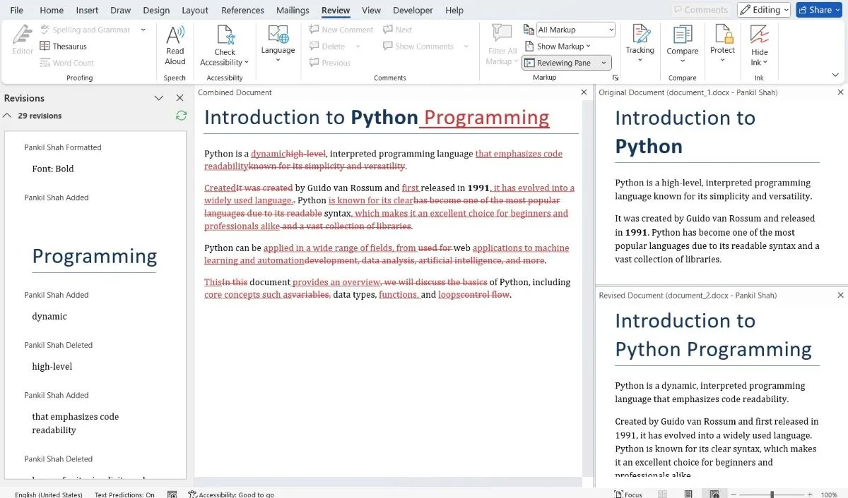 Giao diện ba khung của Microsoft Word hiển thị hai tài liệu về Python đã được so sánh, với các thay đổi được làm nổi bật