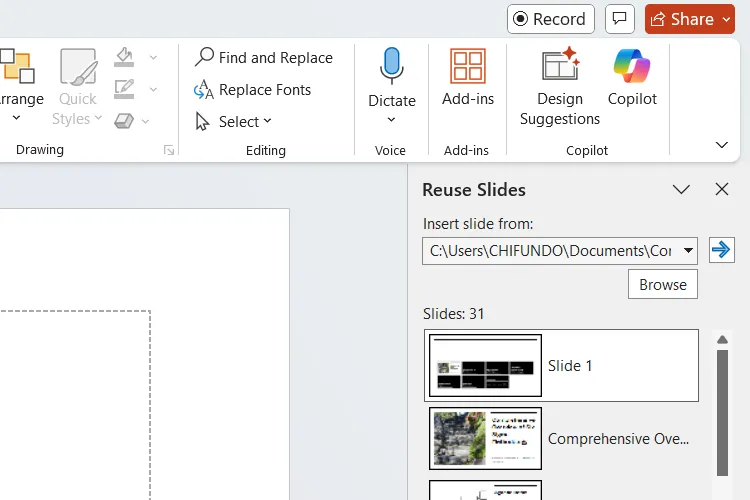 Giao diện bảng điều khiển Tái sử dụng Slide (Reuse Slides) trong PowerPoint, hiển thị tùy chọn duyệt file.