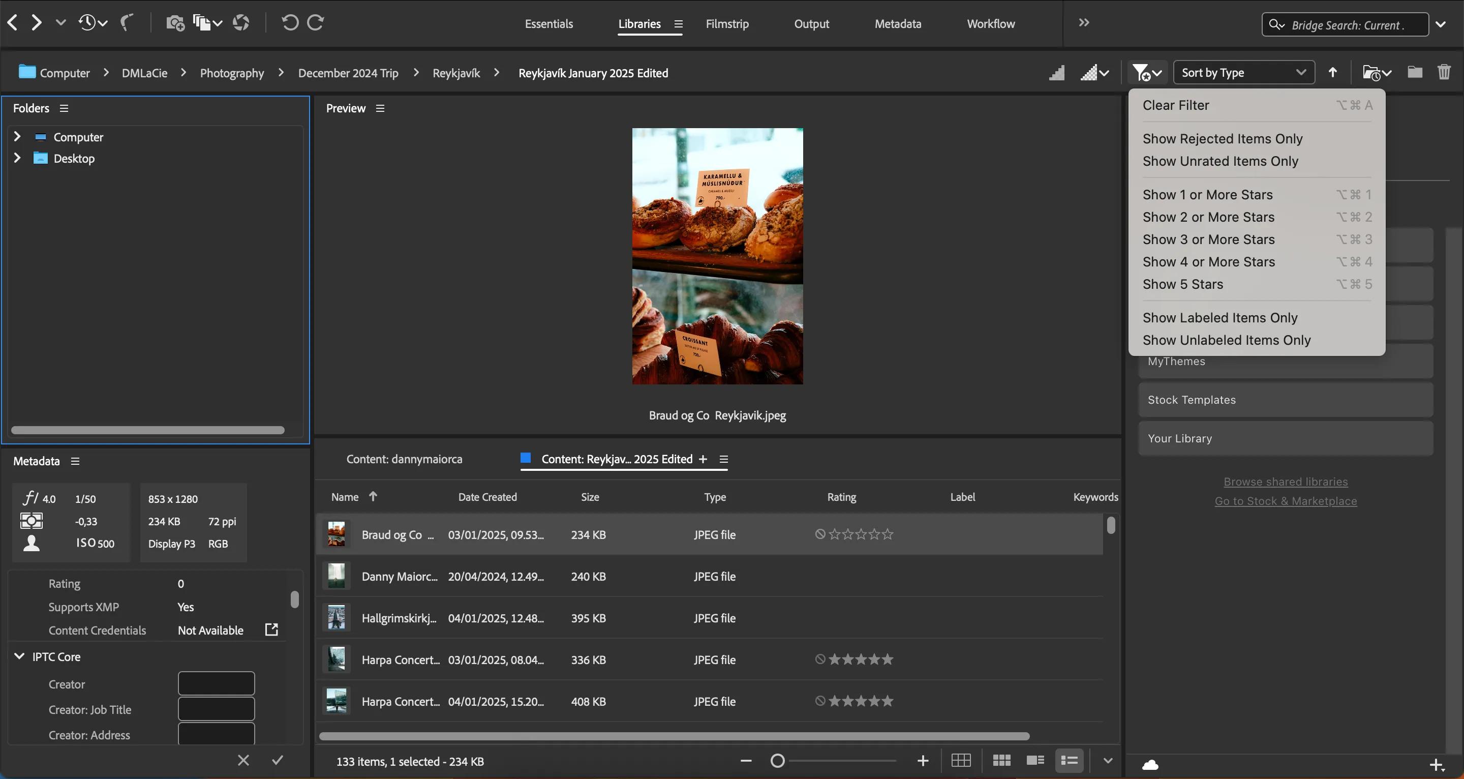 Giao diện các bộ lọc trong Adobe Bridge giúp sắp xếp ảnh theo sao, từ khóa và các tiêu chí khác