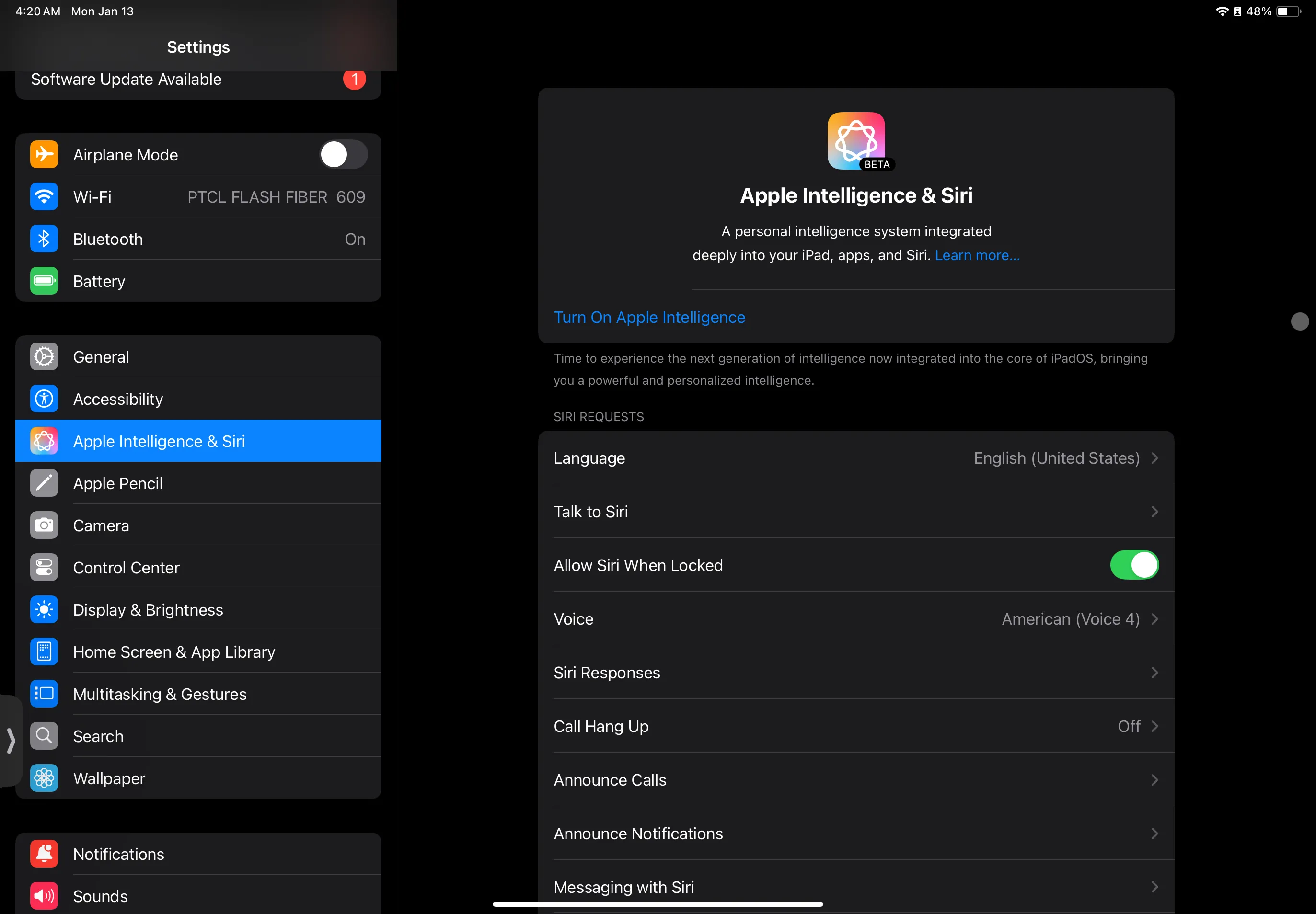 Giao diện cài đặt Apple Intelligence &amp; Siri trên iPad với tùy chọn 'Bật Apple Intelligence' được đánh dấu.