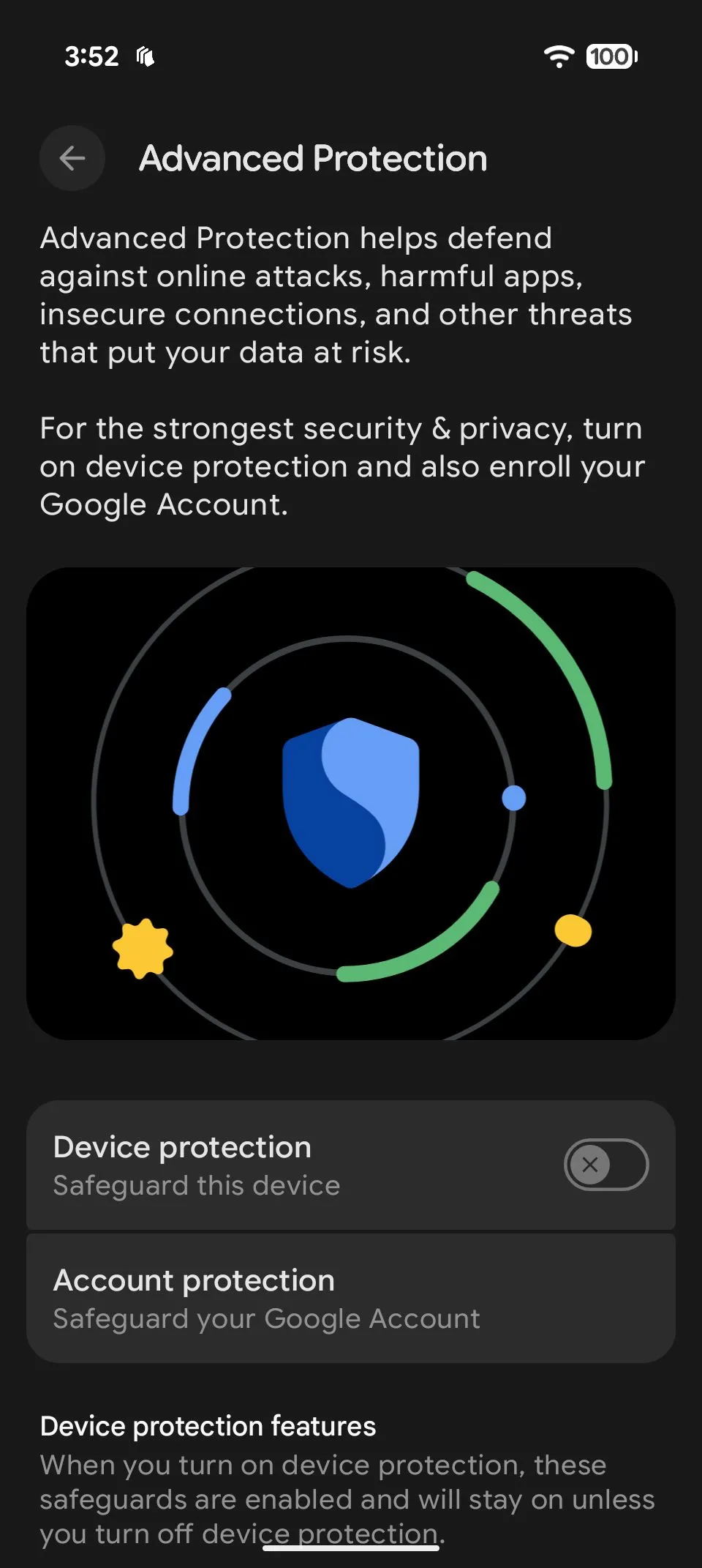 Giao diện cài đặt Chế độ bảo vệ nâng cao trên Android 16, hướng dẫn người dùng bật tính năng này dễ dàng.