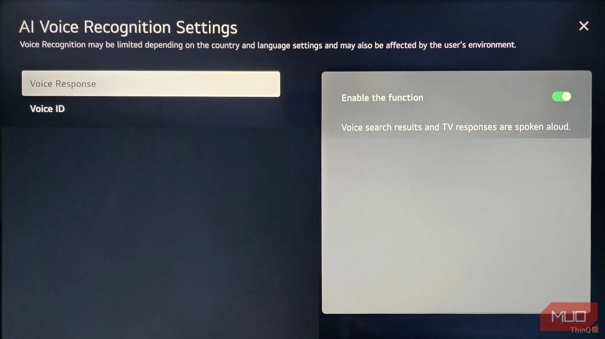 Giao diện cài đặt nhận diện giọng nói trên Smart TV LG, với tùy chọn tắt tính năng nhận dạng giọng nói AI để ngăn chặn việc ghi âm không mong muốn.