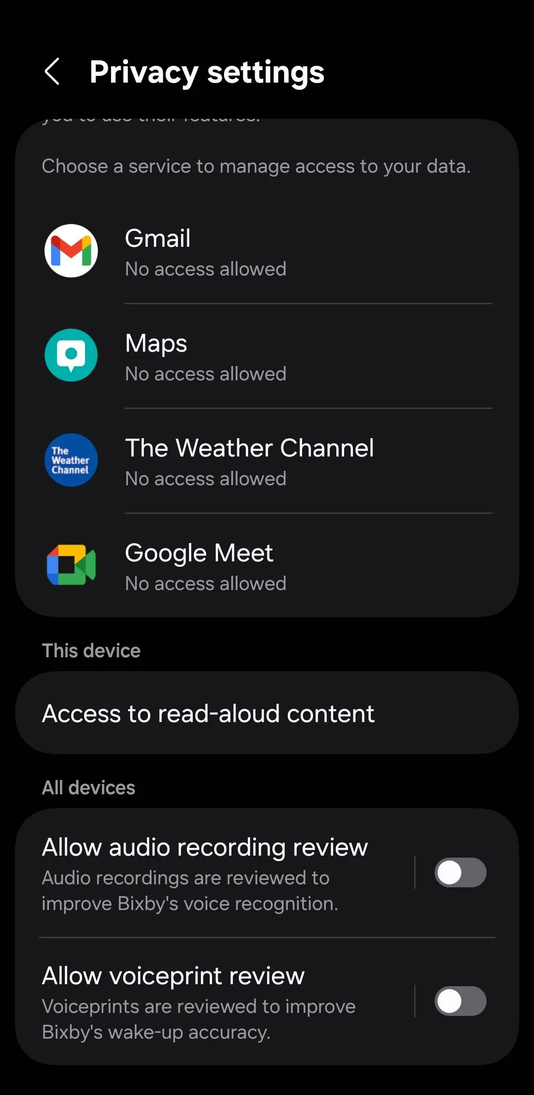 Giao diện cài đặt quyền riêng tư của Bixby trên Samsung Galaxy