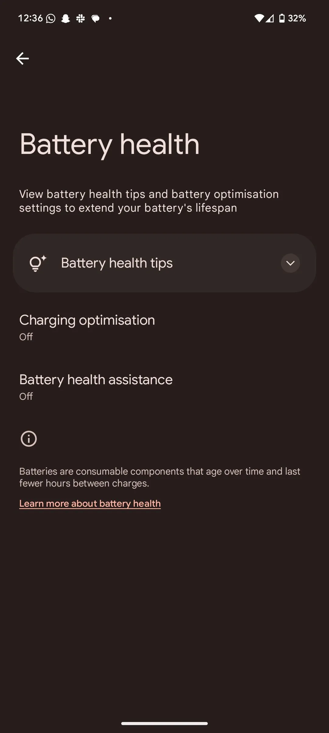 Giao diện cài đặt Sức khỏe pin (Battery health) trên Android 16 hiển thị tình trạng pin ước tính và tùy chọn hỗ trợ pin