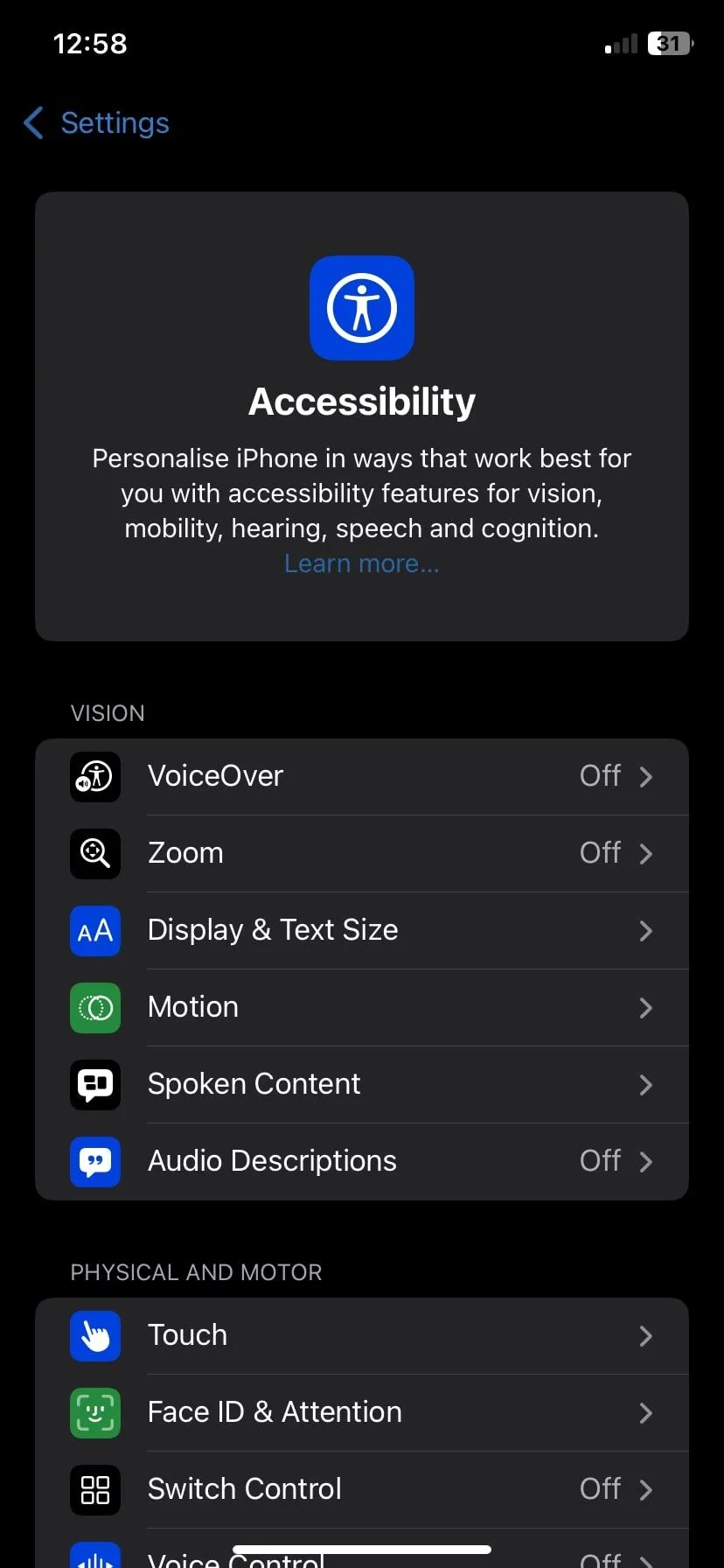 Giao diện cài đặt Trợ năng (Accessibility) trên iOS, chuẩn bị thiết lập tính năng Back Tap