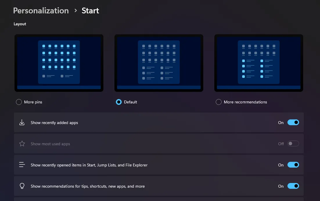 Giao diện cài đặt tùy chỉnh Start Menu Windows 11, hiển thị các tùy chọn bật/tắt đề xuất ứng dụng và mục đã mở gần đây.