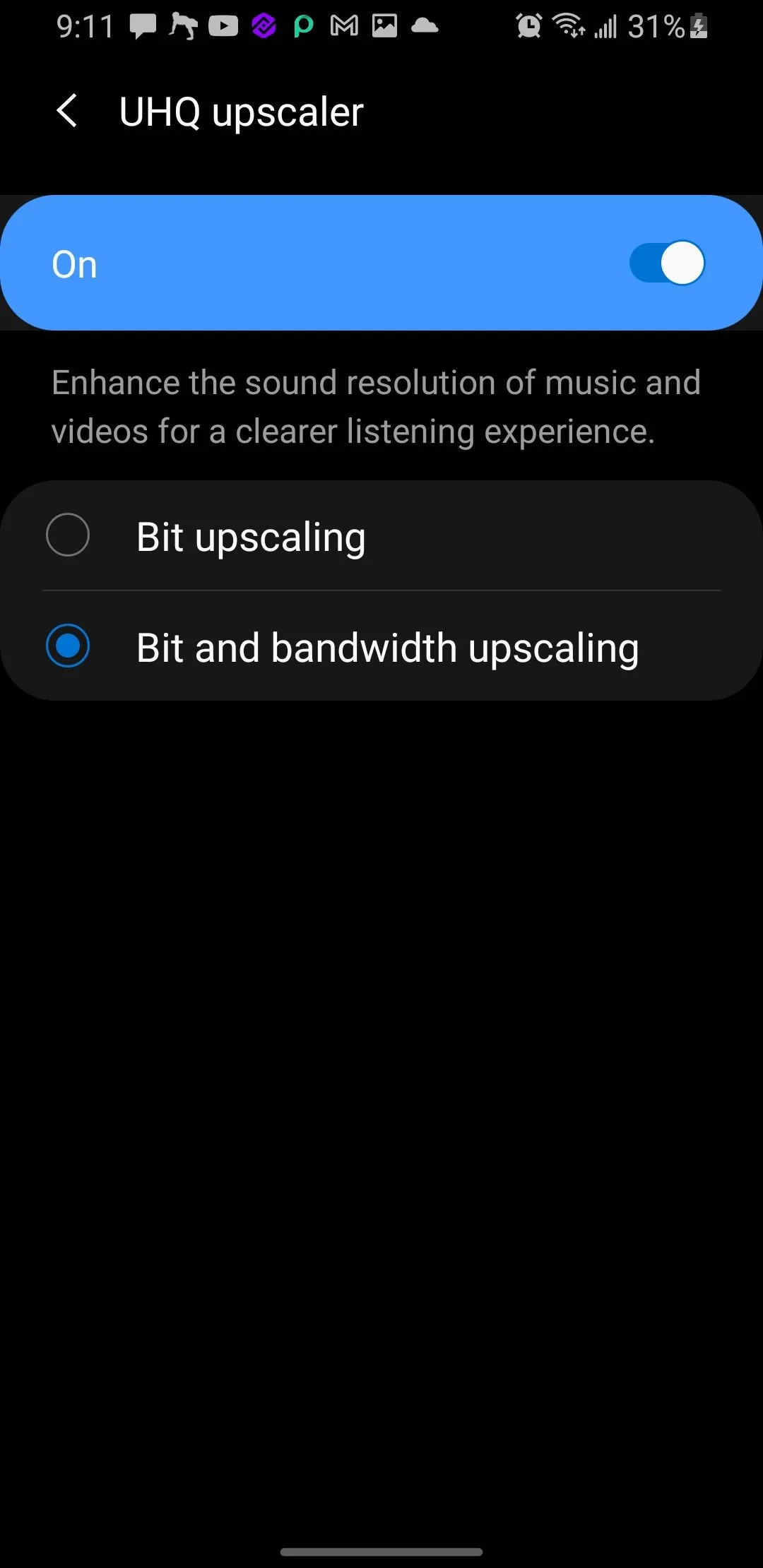 Giao diện cài đặt UHQ Upscaler trên điện thoại Samsung, với các tùy chọn Bit Upscaling và Bit and Bandwidth Upscaling