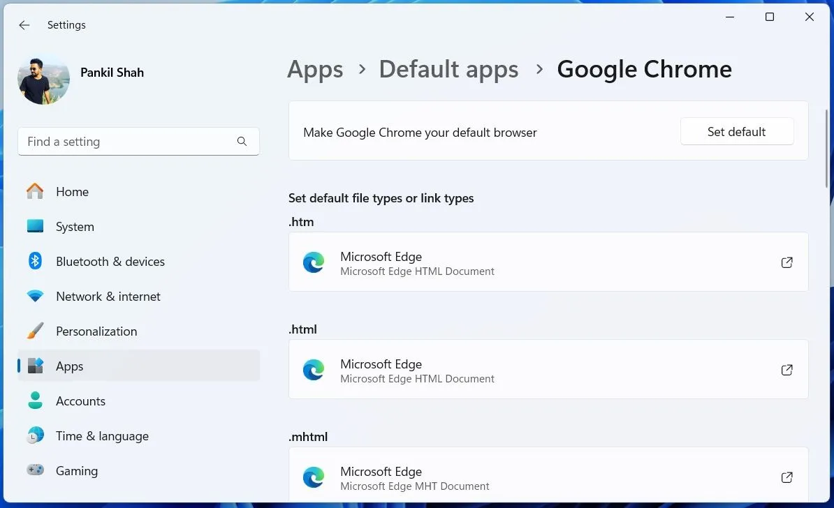 Giao diện cài đặt ứng dụng mặc định trong ứng dụng Cài đặt của Windows 11