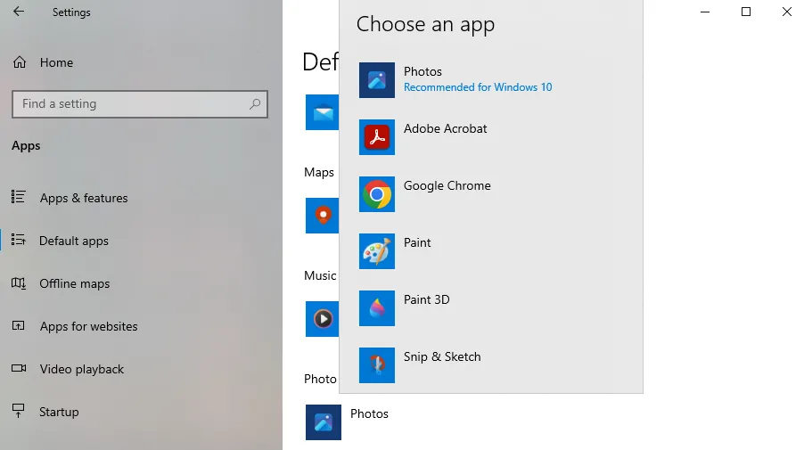 Giao diện cài đặt ứng dụng mặc định trong Windows 10 đơn giản, dễ thao tác