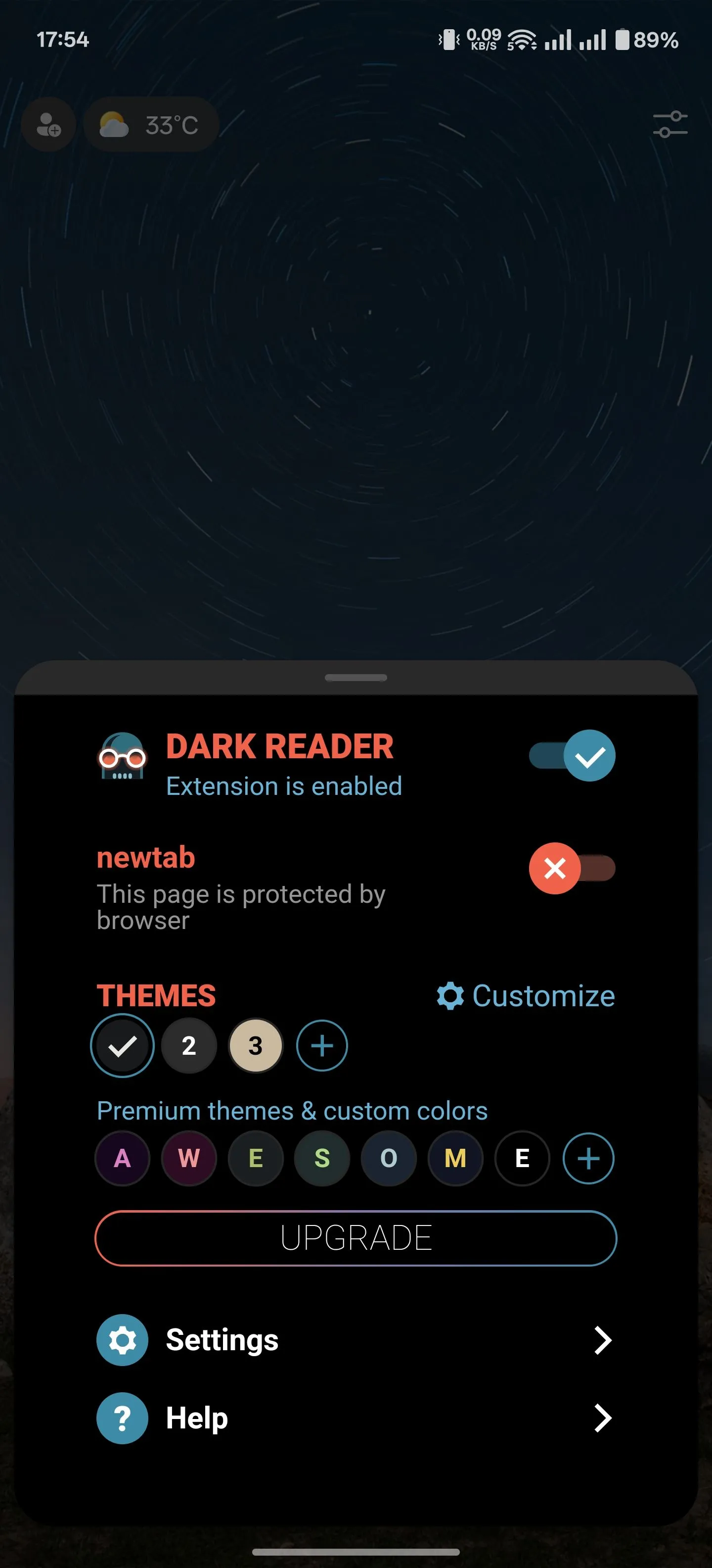 Giao diện cài đặt và tùy chỉnh cho tiện ích mở rộng Dark Reader trên Edge Android