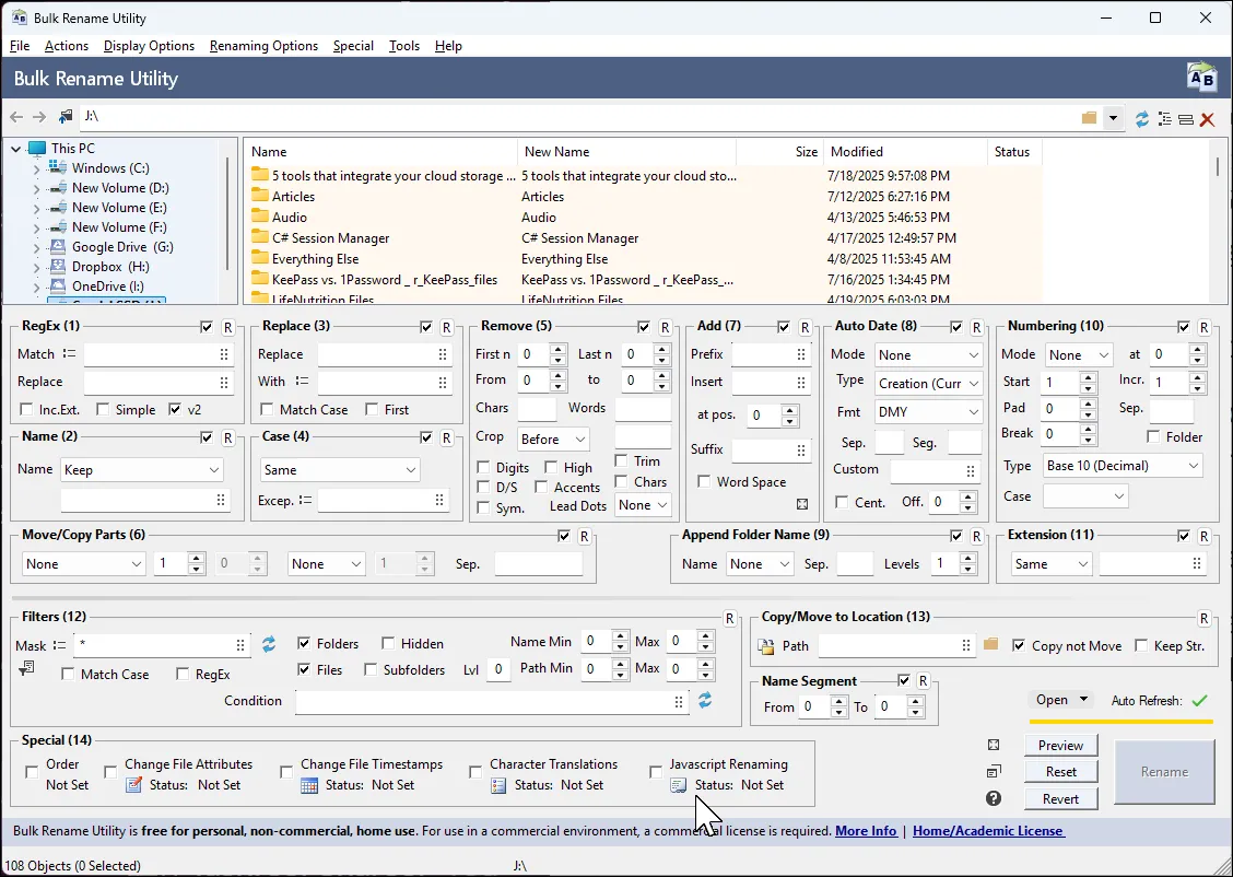 Giao diện chính của Bulk Rename Utility cho phép đổi tên hàng loạt file theo nhiều quy tắc