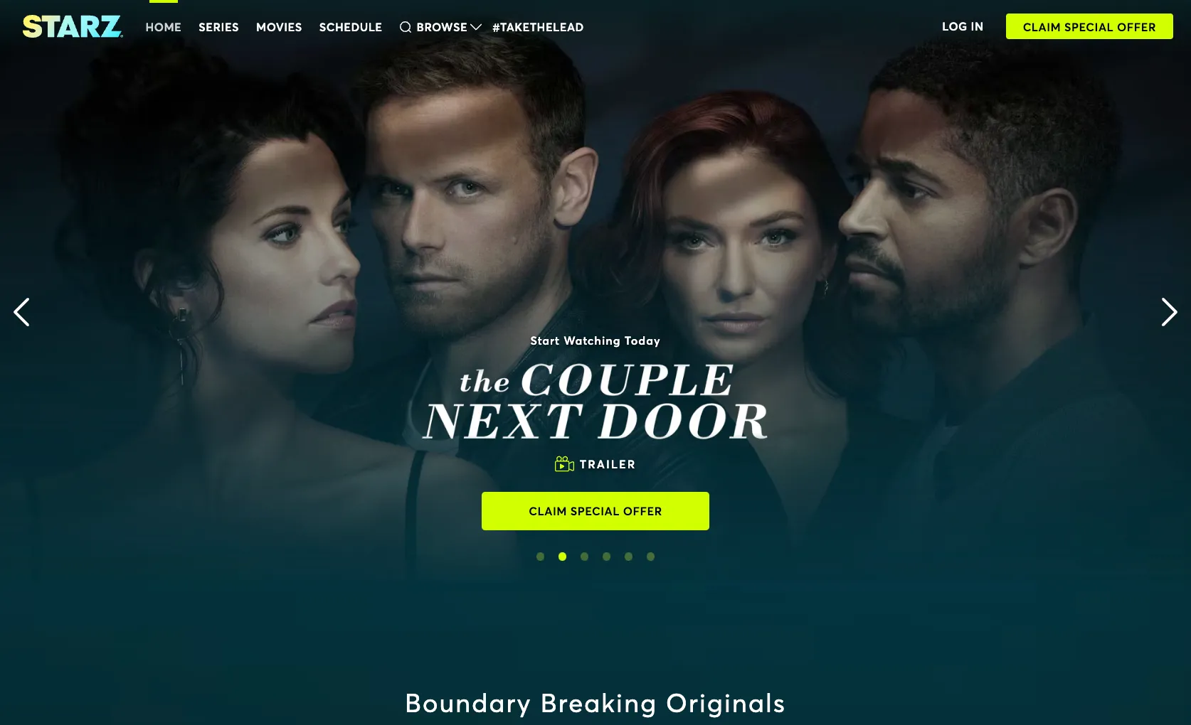 Giao diện chính của dịch vụ streaming Starz, thể hiện kho nội dung độc quyền và trải nghiệm không quảng cáo.