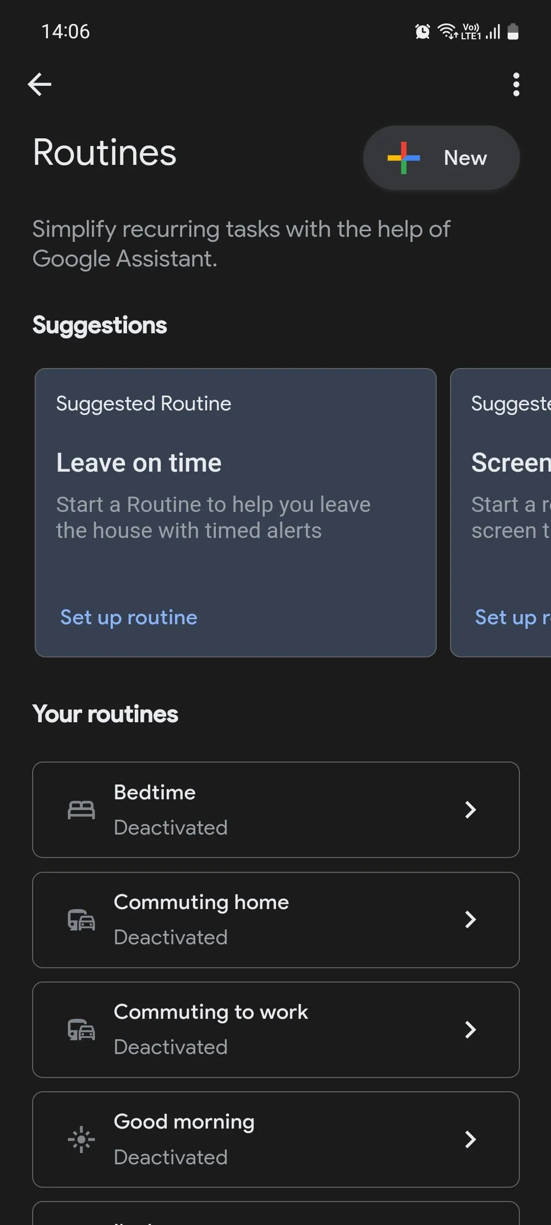 Giao diện chính của Google Assistant Routines trên điện thoại Pixel