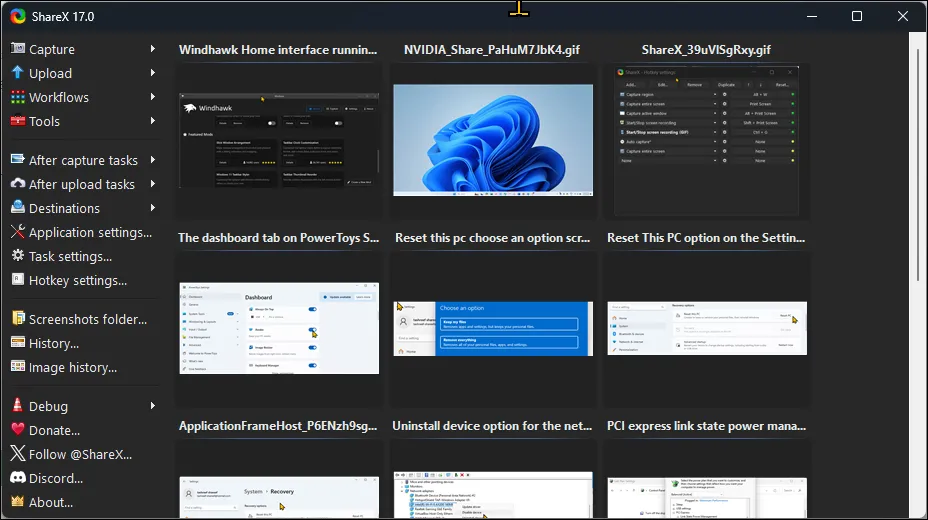 Giao diện chính của ShareX với các tùy chọn chụp và ghi màn hình, chia sẻ ảnh trên Windows 11