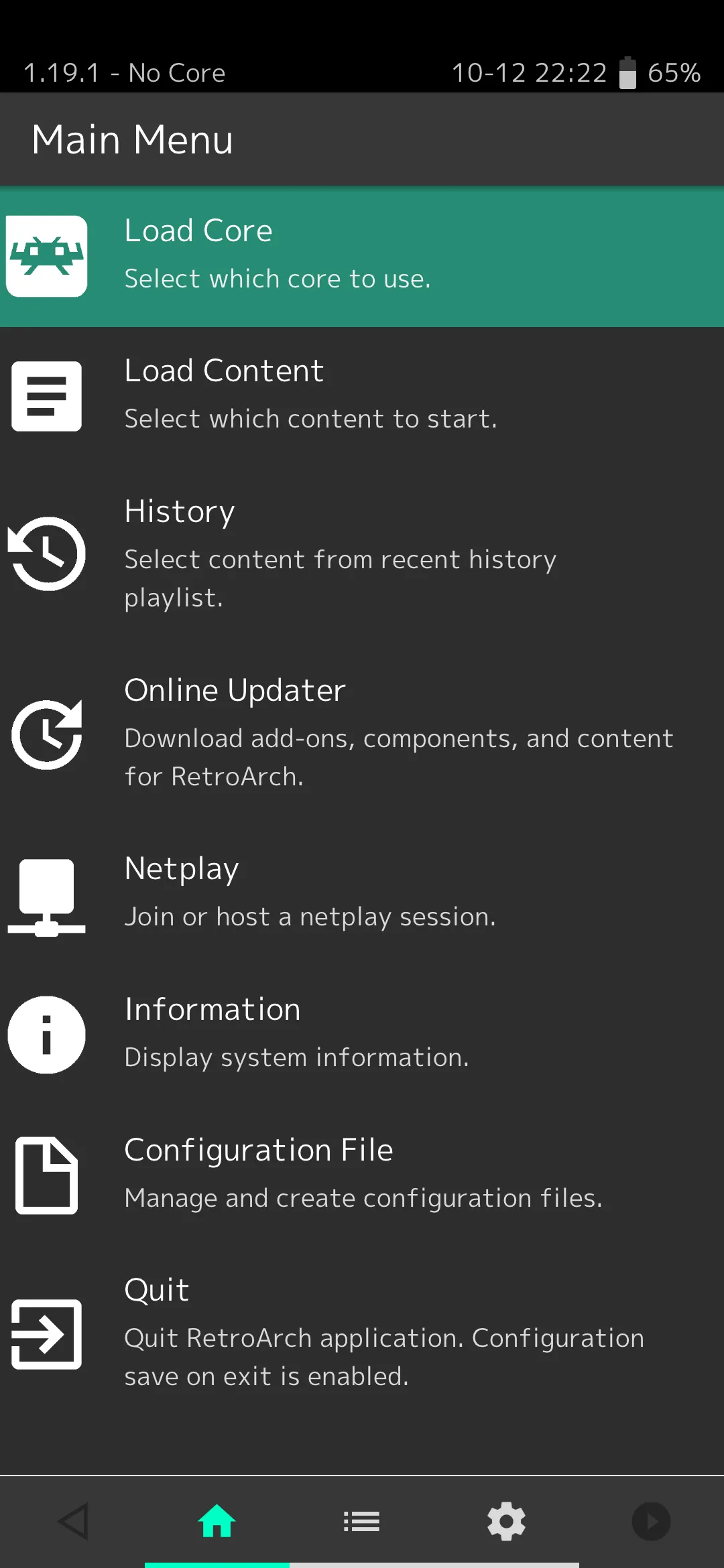 Giao diện chính (Main Menu) của ứng dụng giả lập RetroArch trên Android.
