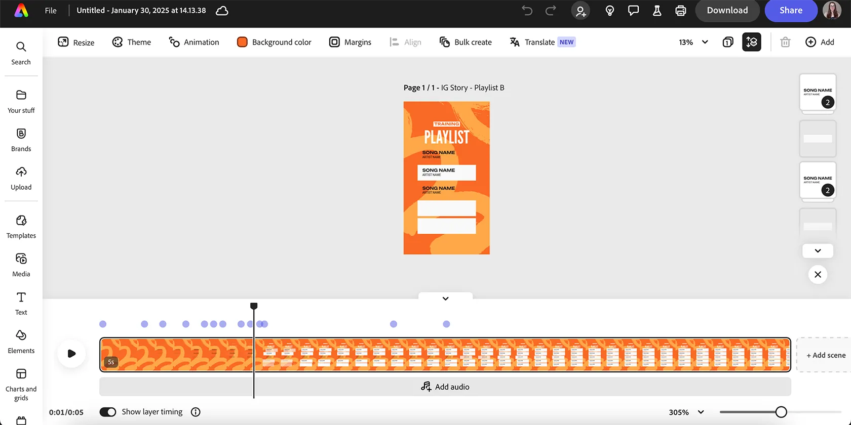 Giao diện chỉnh sửa video với thanh timeline trong Adobe Express, hiển thị các lớp và hiệu ứng