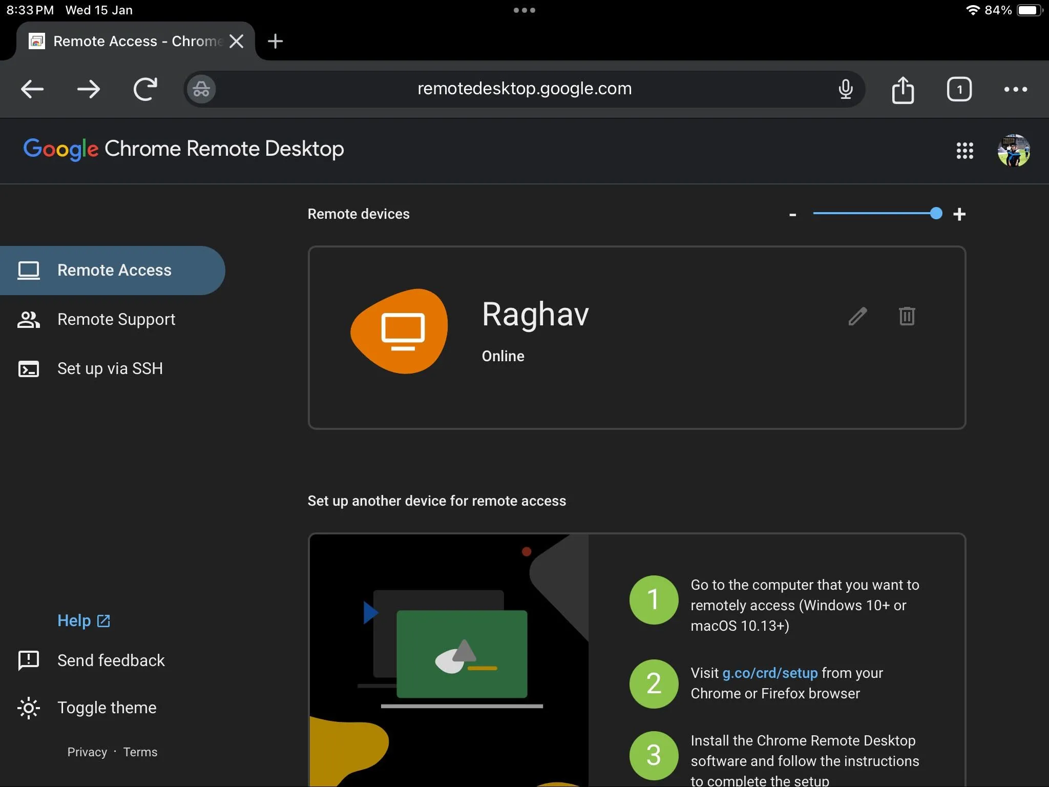 Giao diện Chrome Remote Desktop trên iPad với danh sách các máy tính có thể truy cập