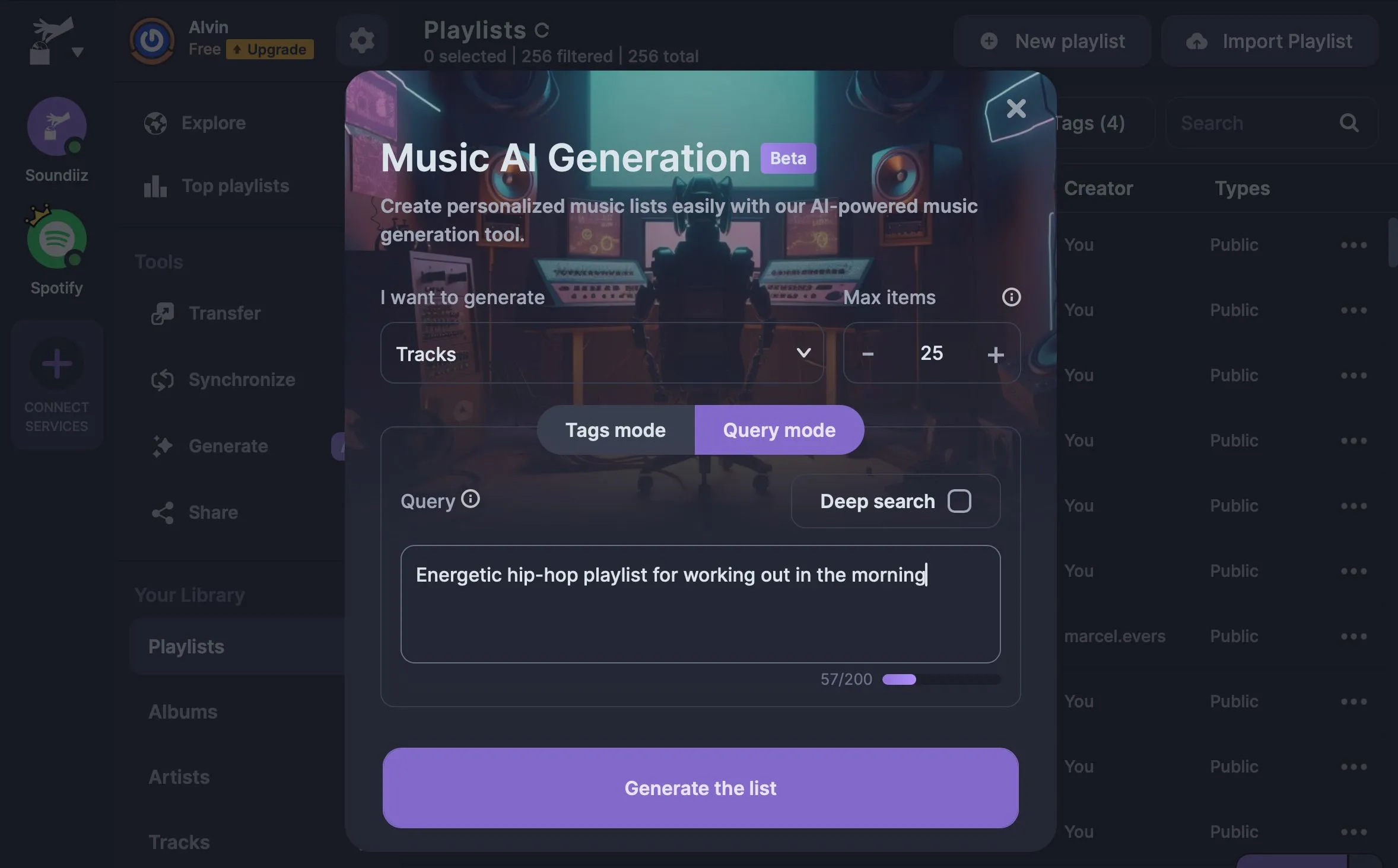 Giao diện công cụ tạo playlist AI của Soundiiz với các tùy chọn tùy chỉnh